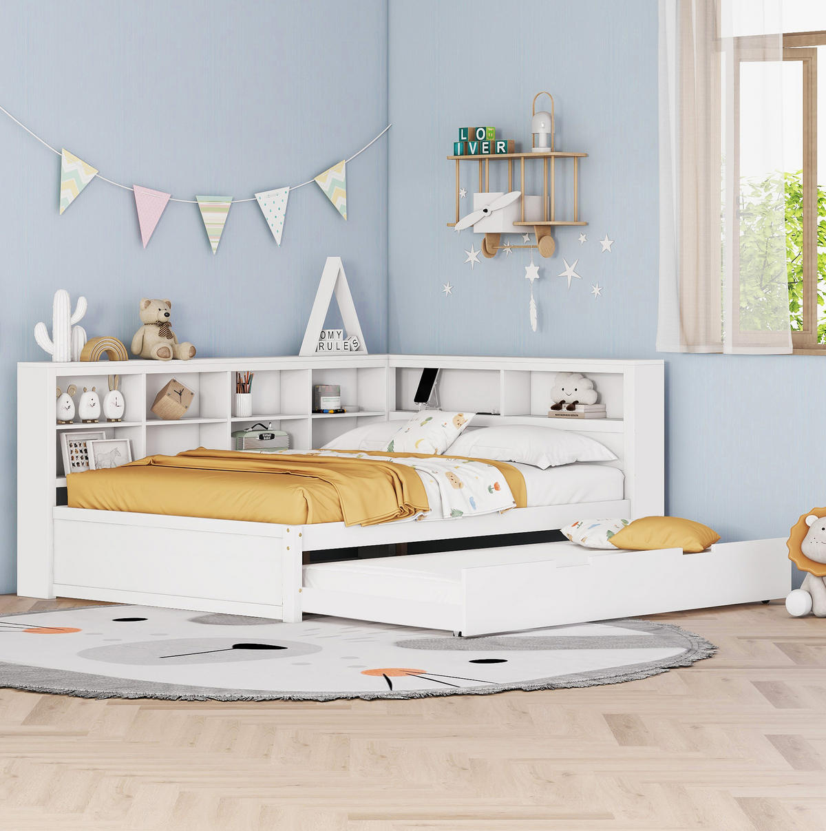 HOLZBETT 140/200 cm in Weiß mit Ausziehbett und USB-Anschluss - Weiß, Holz (140/200cm) - BEAOK