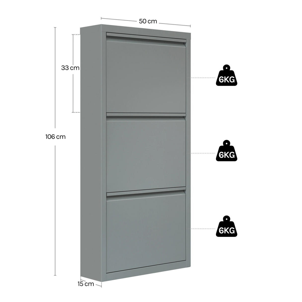SCHUHKIPPER mit 3 Klapptüren, 50 x 106 x 15 cm, Grau - Grau, Metall (50/106/15cm) - Kaket