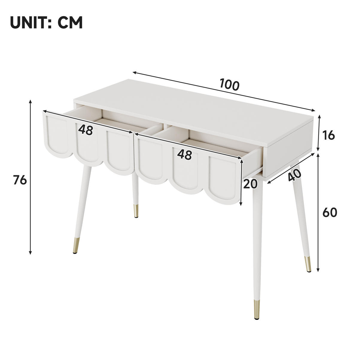 SCHMINKTISCH in Weiß Frisiertisch mit 2 Schubladen,Metallfüßen für Schlafzimmer B100/T40/H76cm - Weiß, Holzwerkstoff/Metall (100/76/40cm) - STILVORA