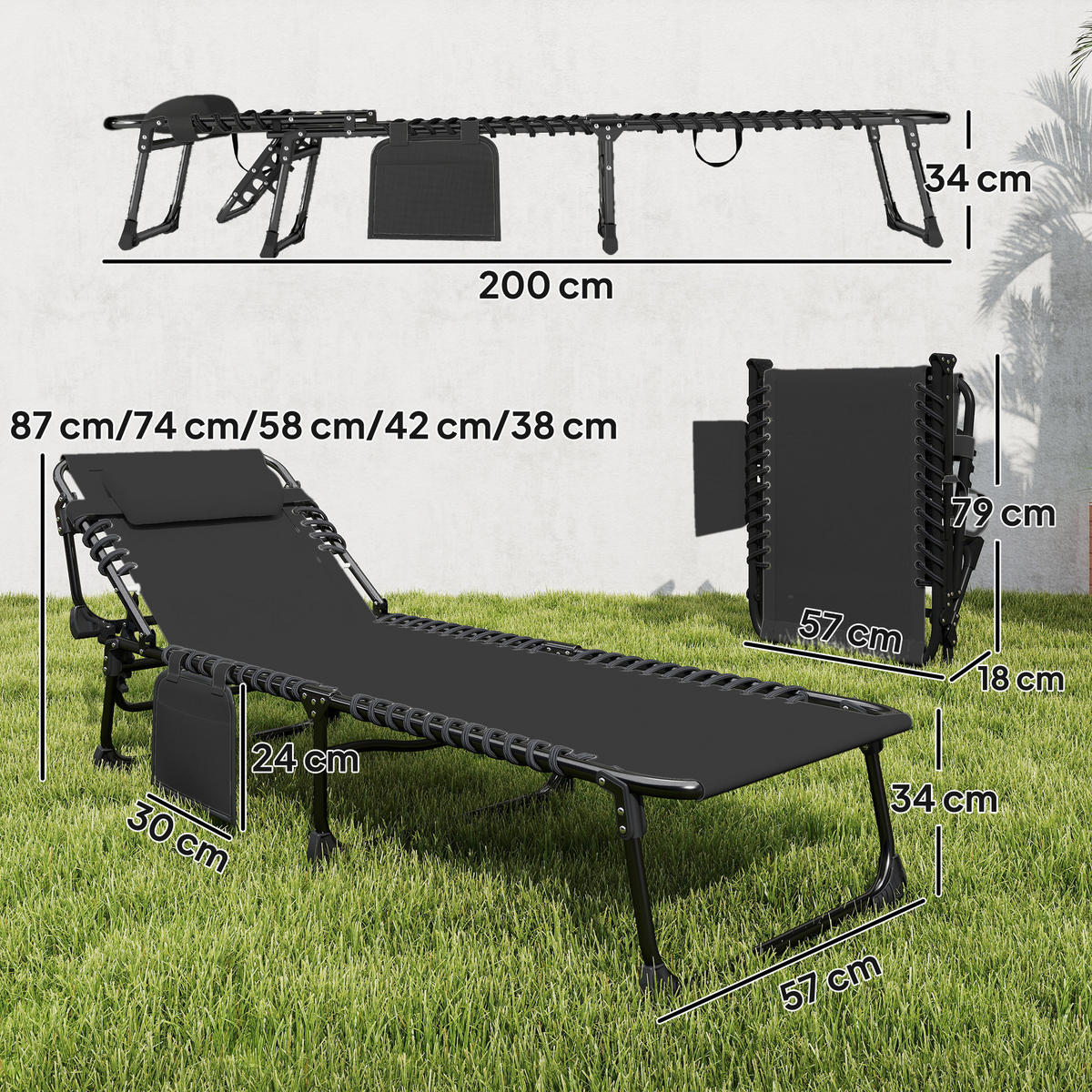 SONNENLIEGE Set aus 2 klappbaren und verstellbaren Gartenliegen mit 5 Höhenstufen ,57 x 200 x 38 cm ,Schwarz - Schwarz, Metall (57/38/200cm) - Vallsero