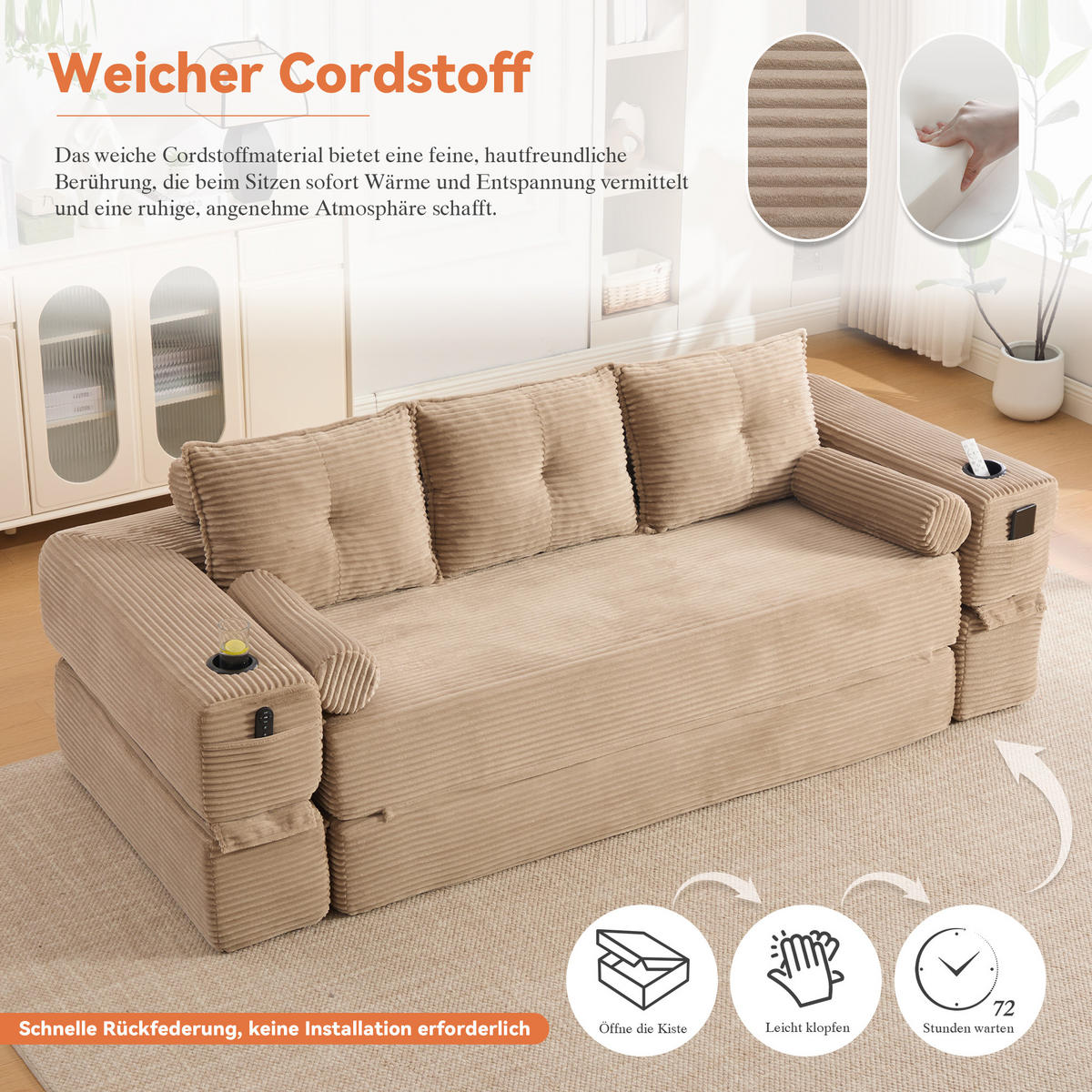 SCHLAFSOFA, 2-in-1 Klappsofa mit Getränkehalter, Modulares Bodensofa Cordstoff, Khaki - Hellbraun, Textil (232/80/98cm) - LVHOM