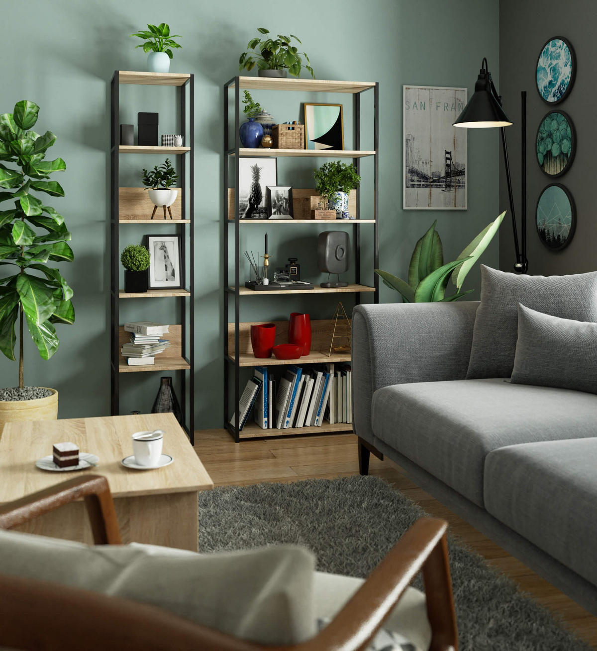 LOFT-REGAL Schwarz, Sonoma Eiche 40x192x32 cm - Schwarz/Sonoma Eiche, Holzwerkstoff/Metall (40/192/32cm) - Akord