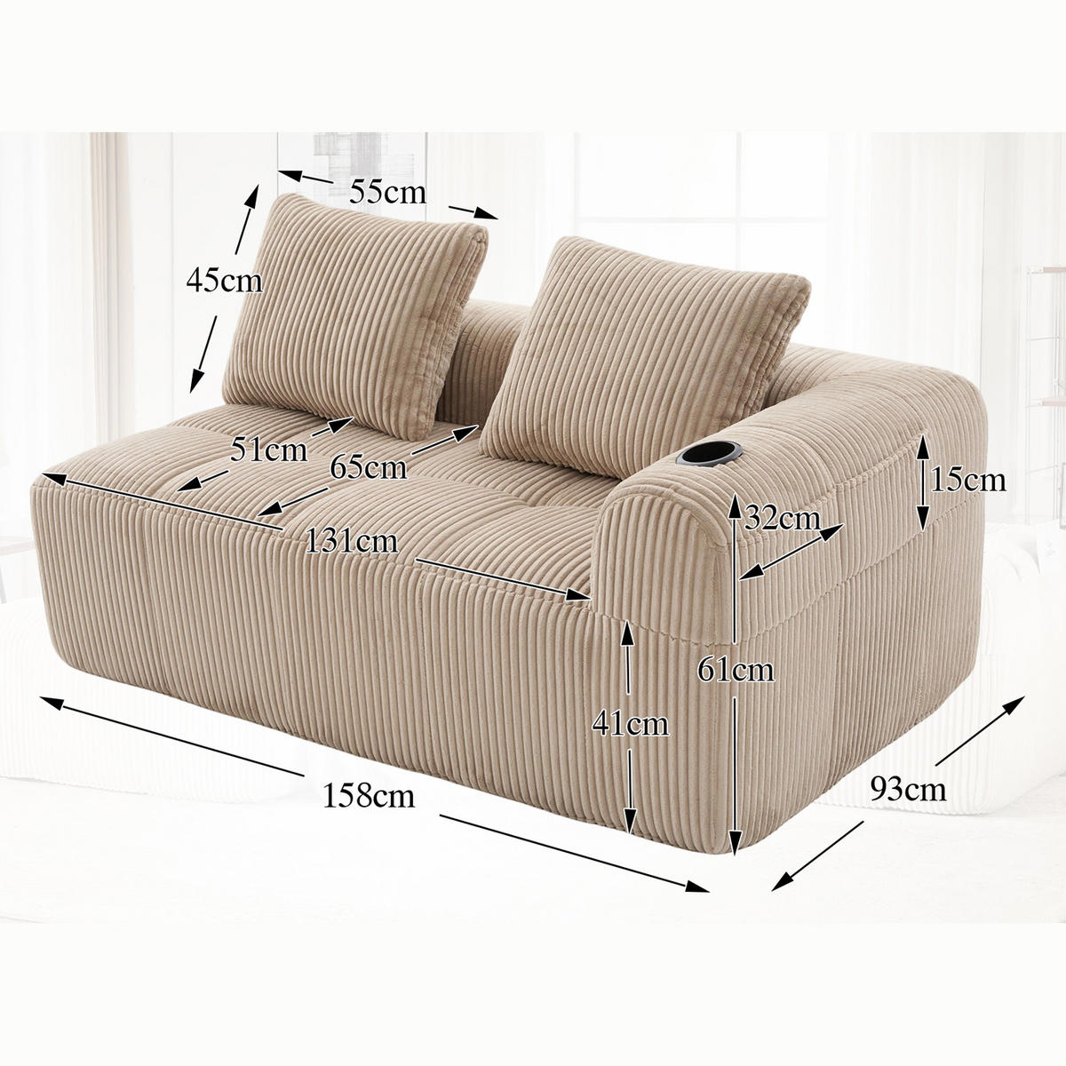 SOFA Modulares 2-Sitzer, Cord, keine Montage erforderlich, Braun - Braun, Textil (93/61/158cm) - Meubles Cosy