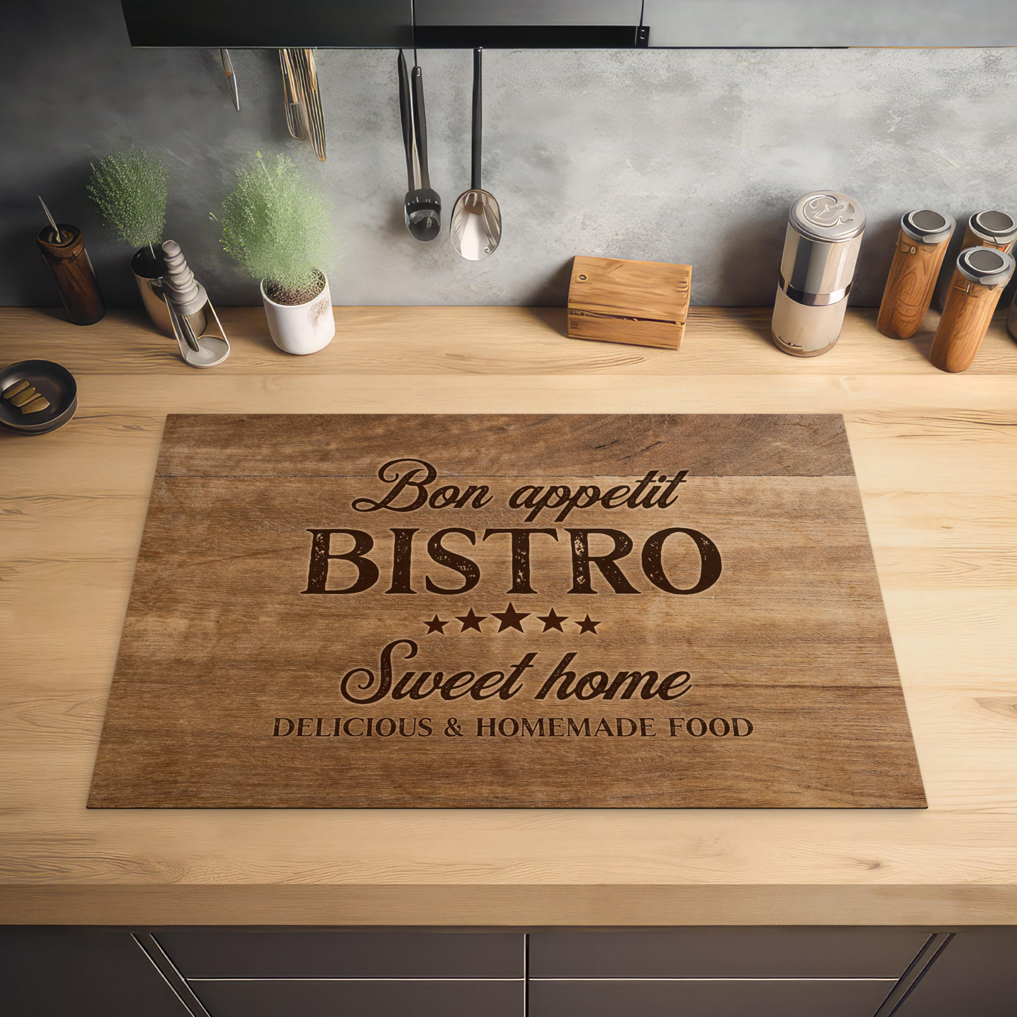 HERDABDECKPLATTE Zitat - Bistro - Guten Appetit - Süßes Zuhause - Holzmaserung 77x51 cm - Braun, Kunststoff (77/0.2/51cm) - MuchoWow