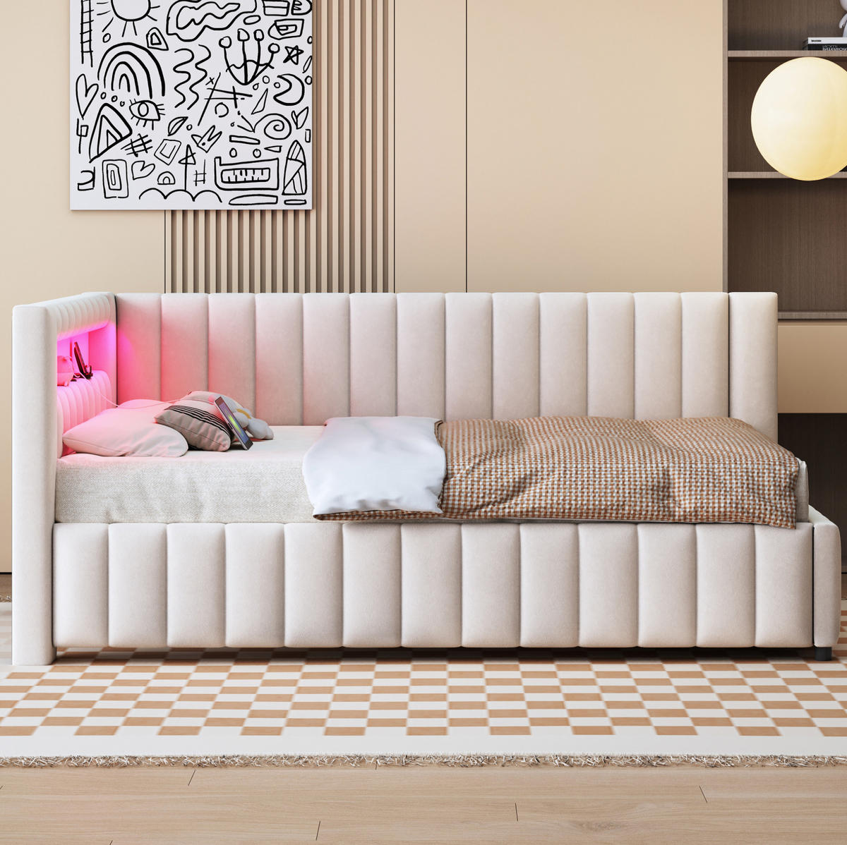 ČALÚNENÁ posteľ zo zamatu 140x200 cm béžová s LED osvetlením, USB portom a L-kovým dizajnom - béžová, textil (140/200cm) - Modfu