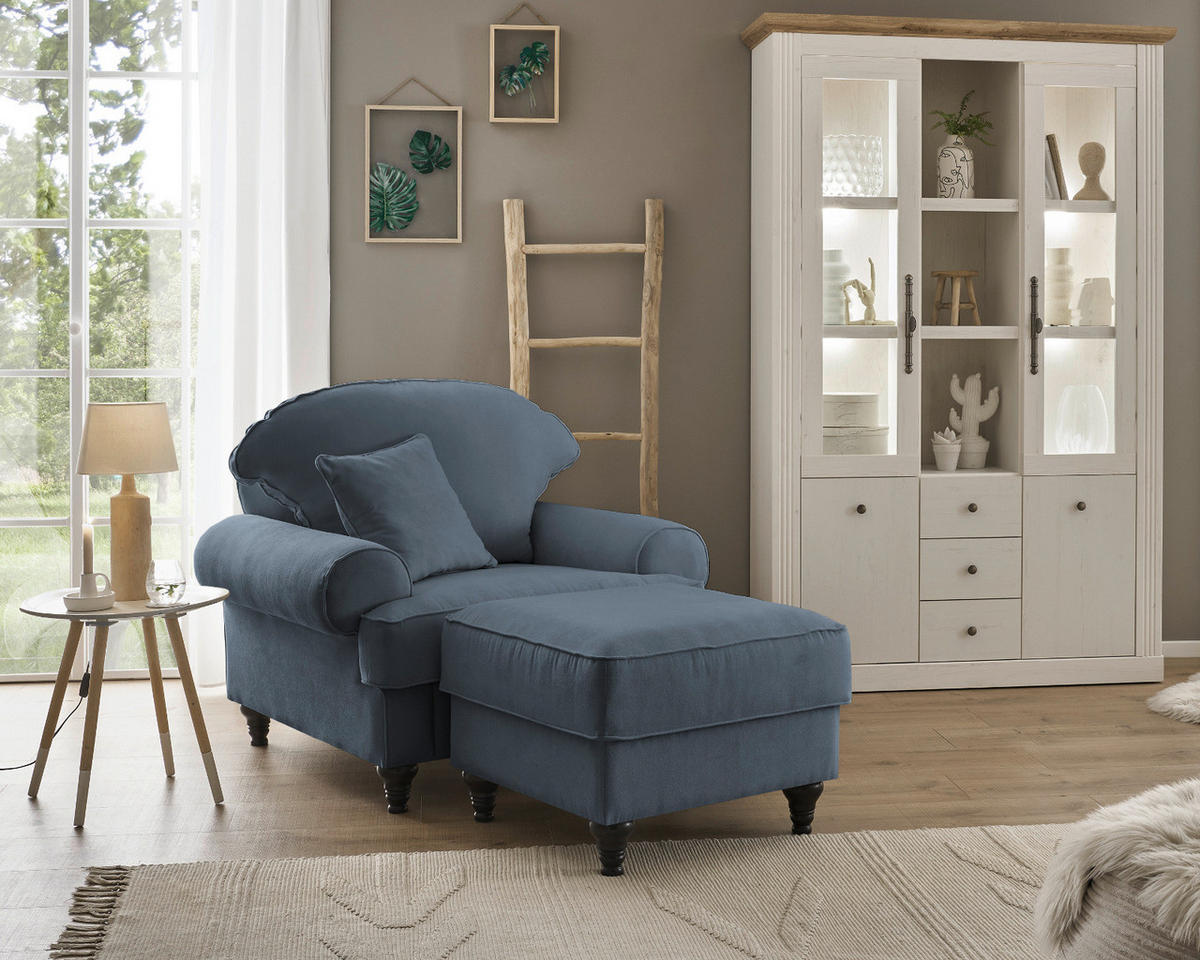 SESSEL-SET blau Landhaus, Loungesessel inklusive Hocker - Blau/Braun, Holz/Textil (175/95/110cm) - Furn.Design