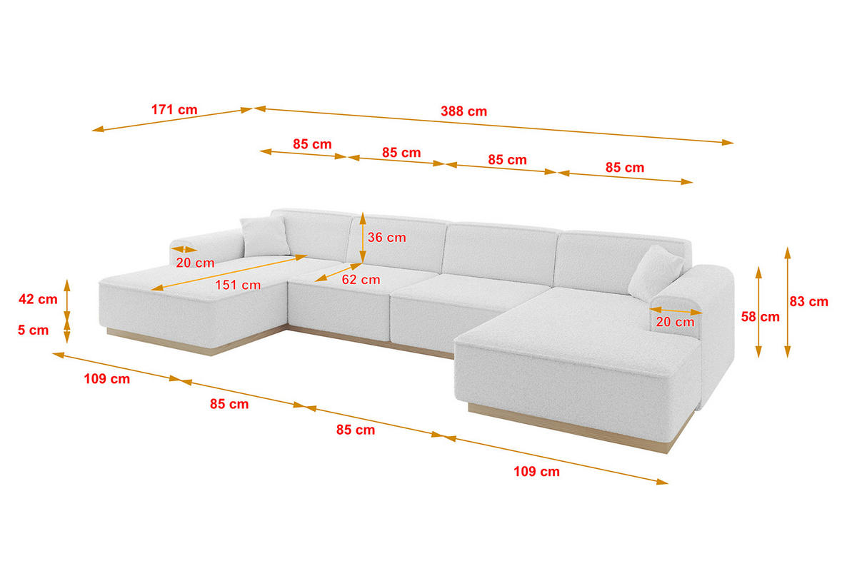 WOHNLANDSCHAFT IREA-U2 - 388x171x83 cm Weiß - Weiß, Holzwerkstoff/Textil (388/83/171cm) - ALTDECOR