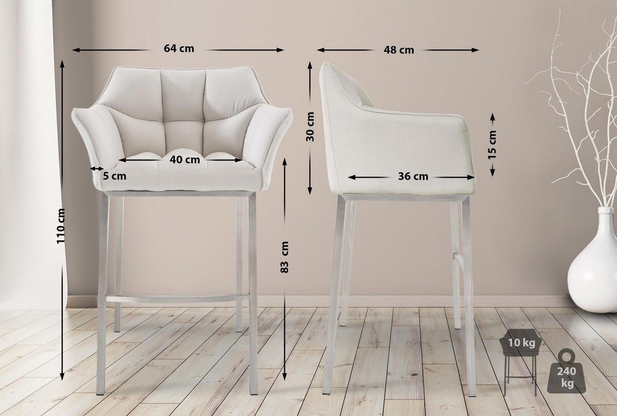 BARHOCKER Gibel Stoff Weiß Silber - Weiß, Textil (64/110/48cm) - DELUKE