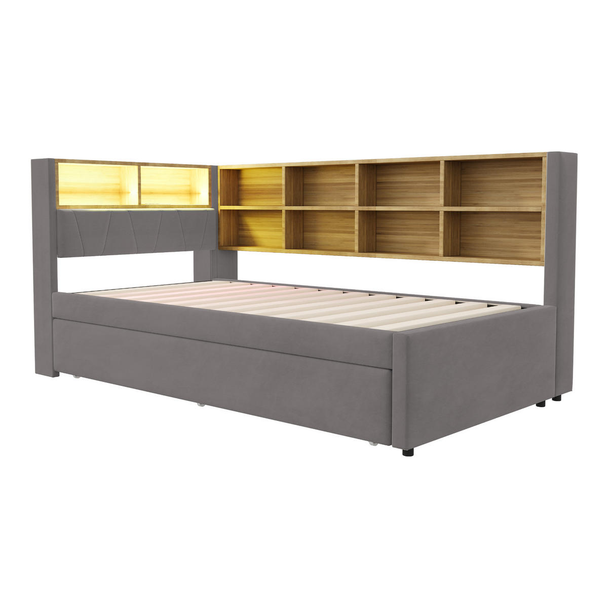 BETT mit Ausziehbett 90/190 cm Dunkelgrau Flanell mit LED-Leuchten & Ladeanschlüssen - Dunkelgrau, Textil (90/190cm) - OKWISH