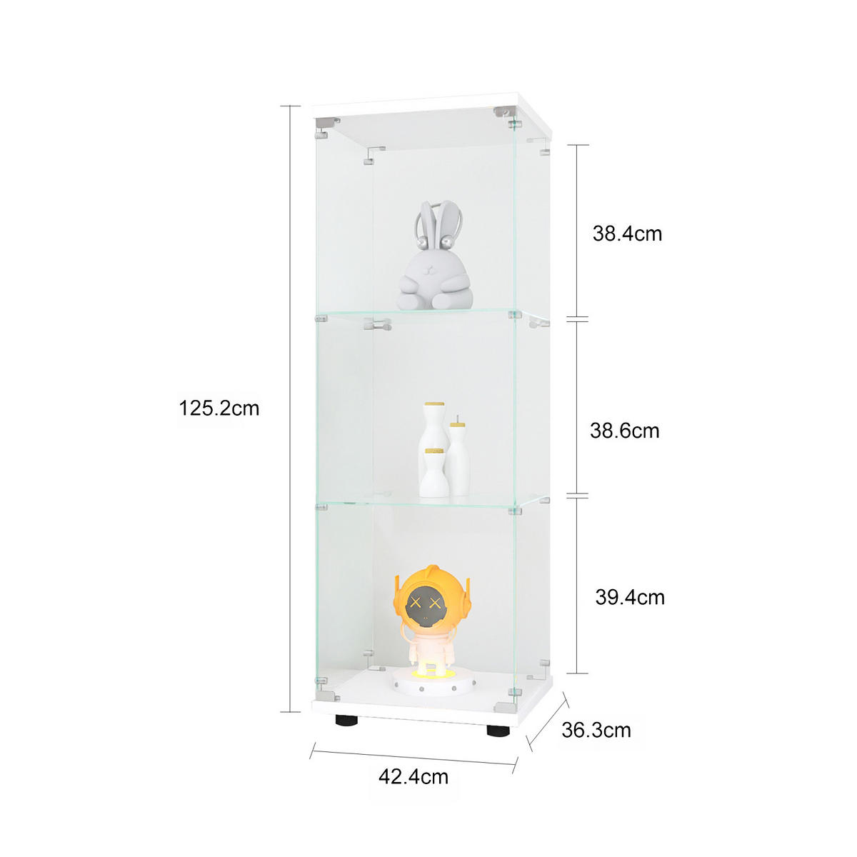 VITRINE transparent, 3-stufig, Weiß Rahmen, staubdichte Glaswände ohne LED - Weiß, Glas (42.4/125.2/36.3cm) - Joyfair