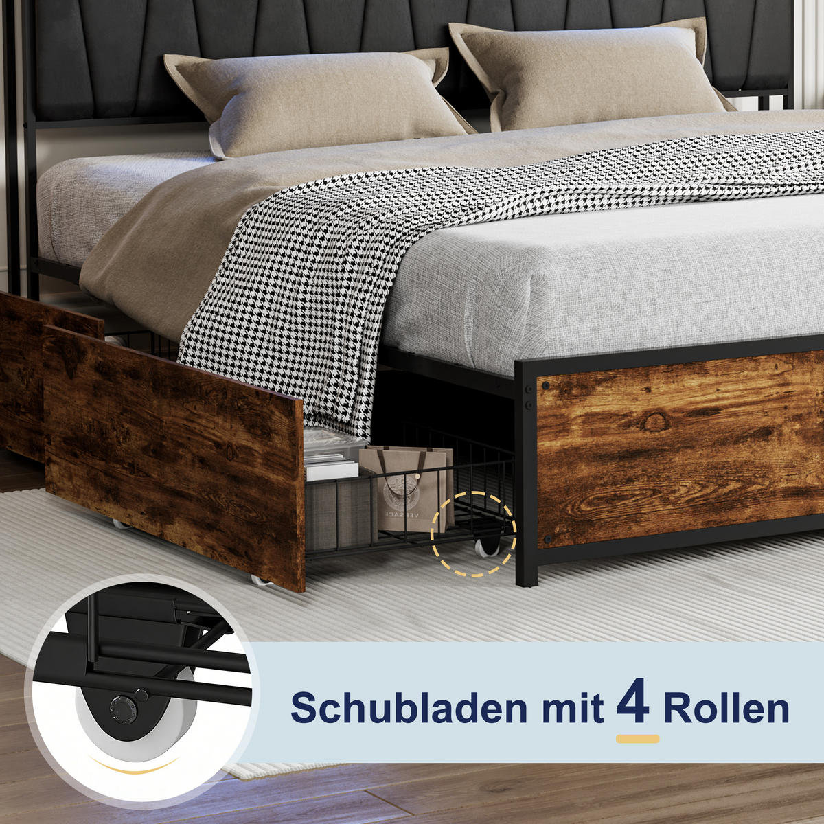 POLSTERBETT 180x200 cm, 4 Stauraumschubladen, LED-Leiste, Doppel-USB, in Braun - Braun, Holz (180/200cm) - BRILVERDE