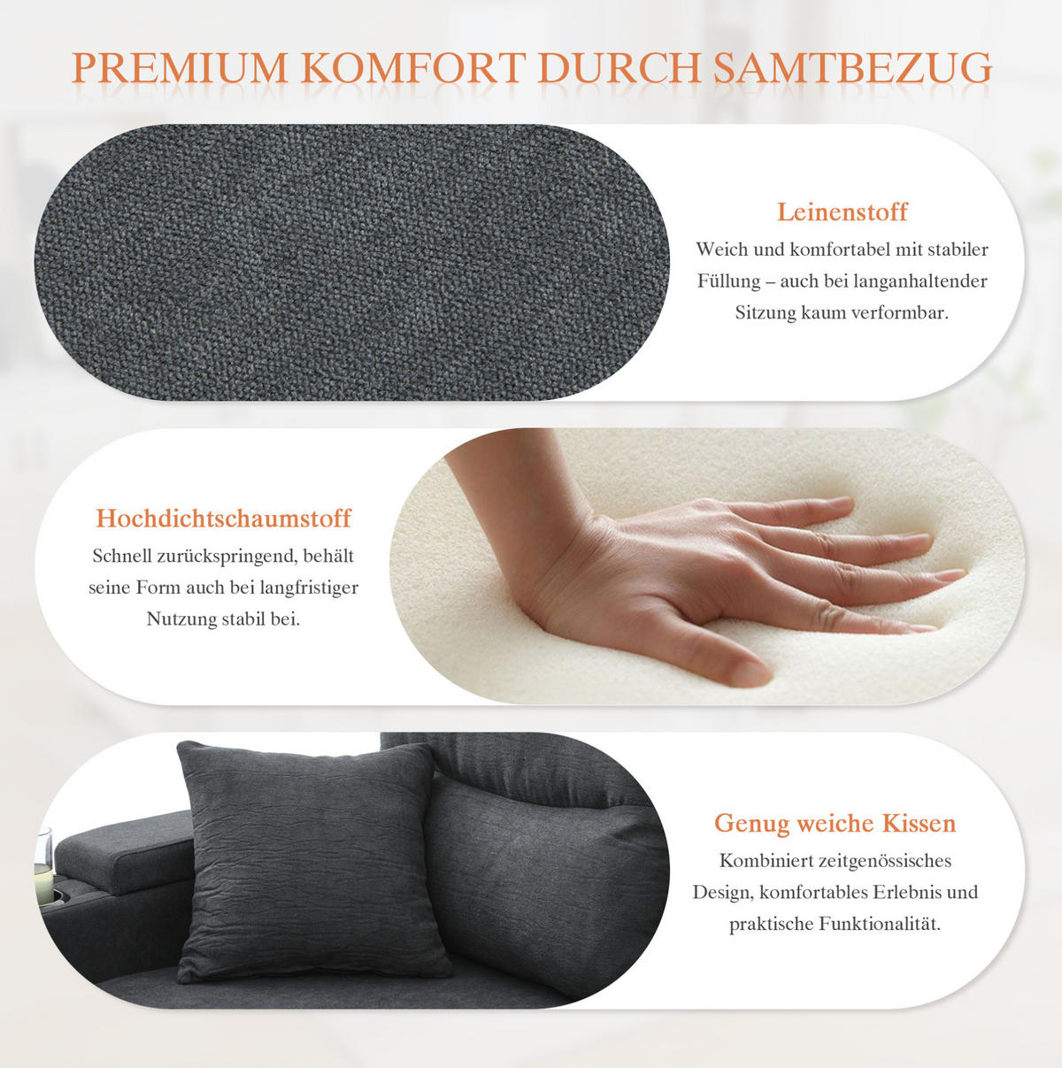 WOHNLANDSCHAFT 272/136/86 cm in Dunkelgrau mit Stauraum, Getränkehaltern und USB- und Type-C-Anschluss - Dunkelgrau, Textil (136/86/272cm) - Flora Grace