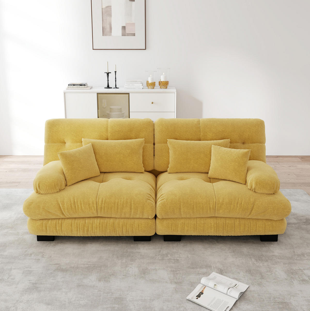 SOFA modular Chenille Yellow mit 4 Kissen - Gelb, Kunststoff (77/81/220cm) - Meubliv