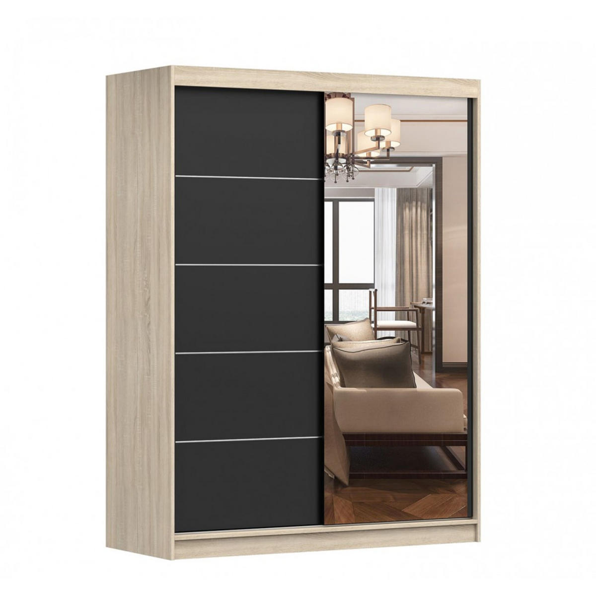 SCHIEBETÜRENSCHRANK - Beni 05 Dark (Sonoma + Schwarz) - Schwarz/Sonoma Eiche, Holzwerkstoff/Metall (150/200/61cm) - Möblo