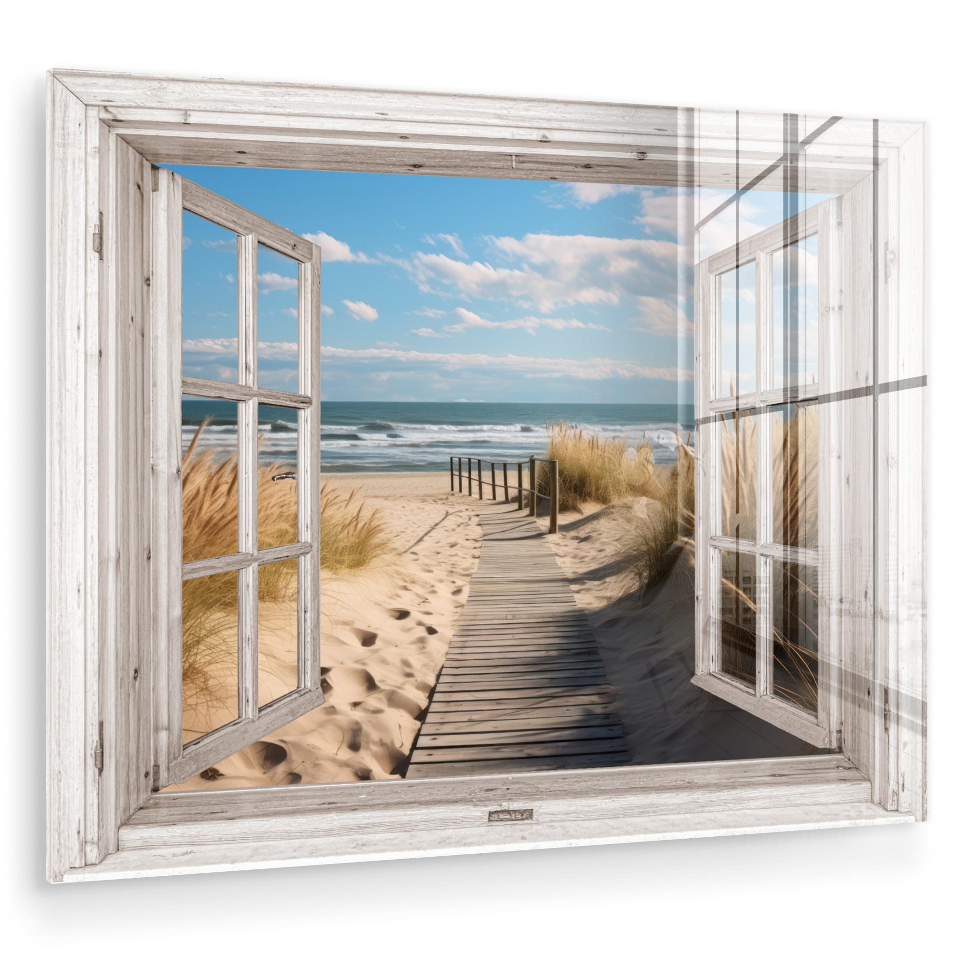 ACRYLGLASBILD Fenster - Meer - Küste - Natur - Ausblick - Strand - Wattenmeer 80x60 cm - Beige, Glas (80/60cm) - MuchoWow