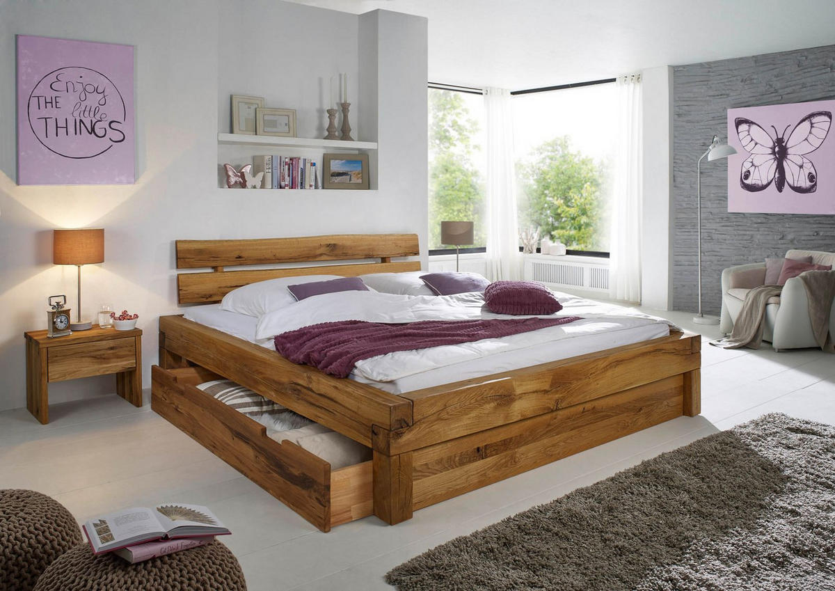 BETT mit Schublade Massivholz Wildeiche 140 x 200 x 85 natur BALKENMÖBEL #127 - Braun, Holz (140/200cm) - Massivmoebel24