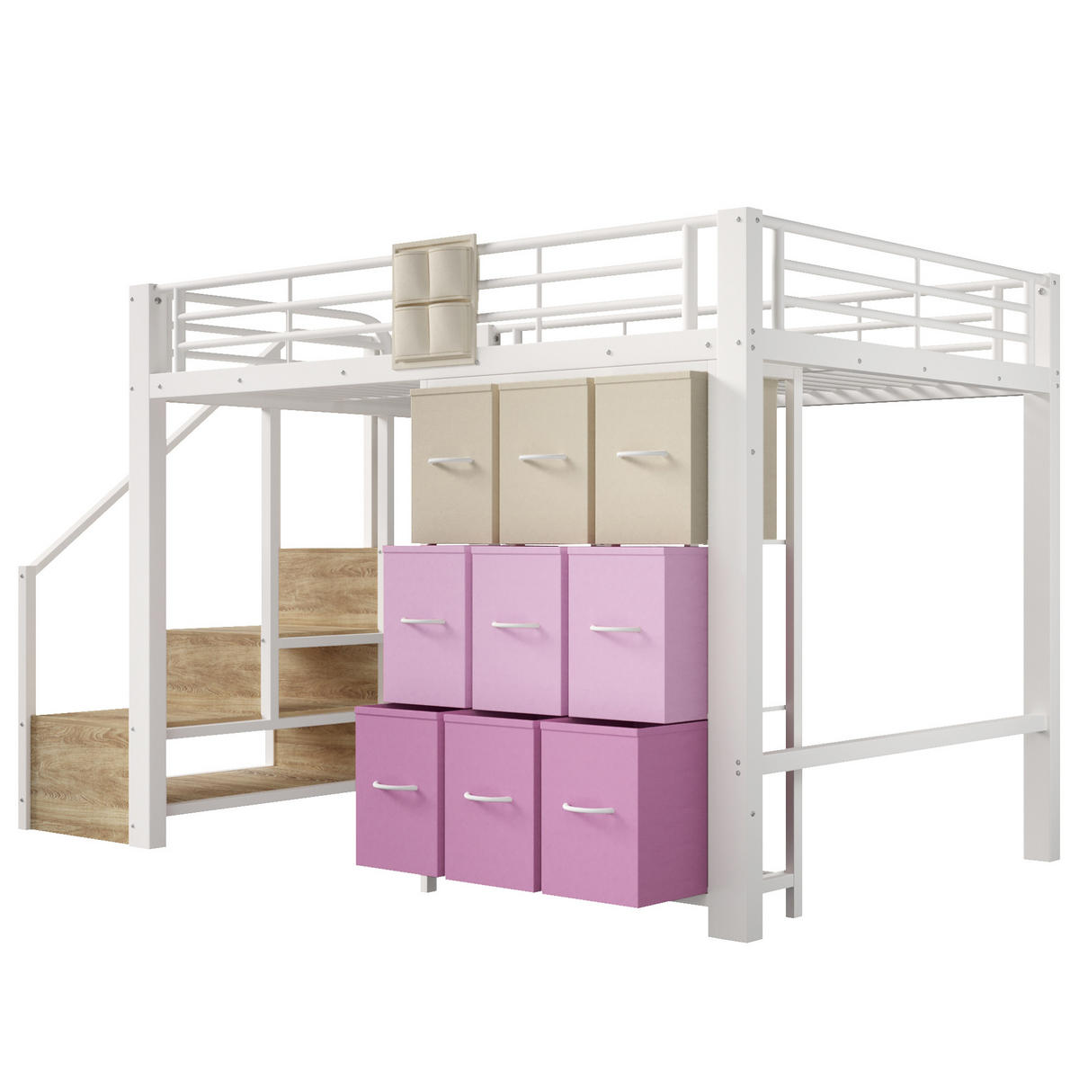 HOCHBETT 140/200 cm Weiß mit Schubladen und Treppe mit Stauraum - Weiß, Metall (140/200cm) - MIVRAY