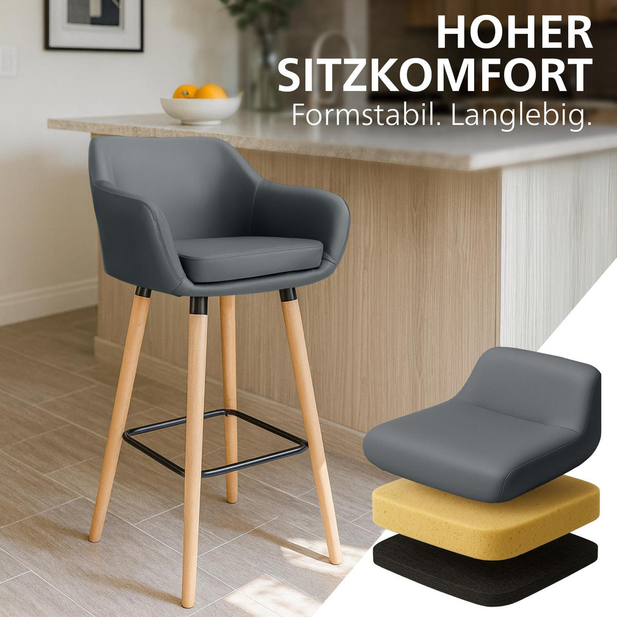 BARHOCKER 2er Set Lederlook Grau - Eukalyptusholzfarben/Grau, Holz/Textil (55/99/46cm) - CLP
