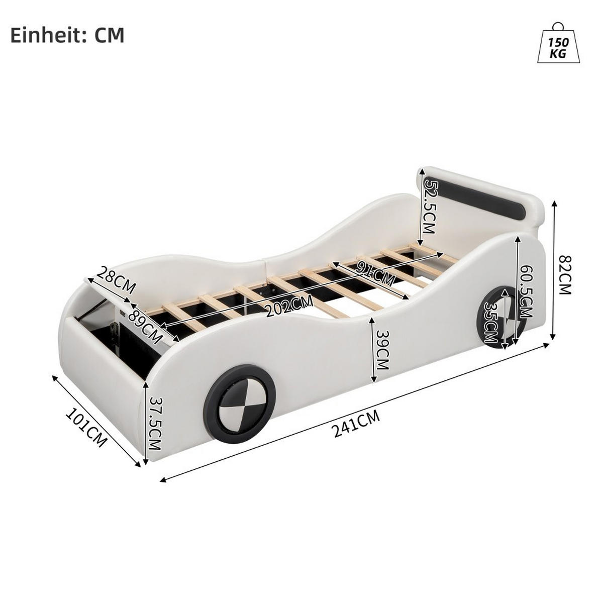 KINDERBETT 90x200cm in Form eines Autos，Weiß - Weiß, Textil (140/200cm) - KOMHTOM