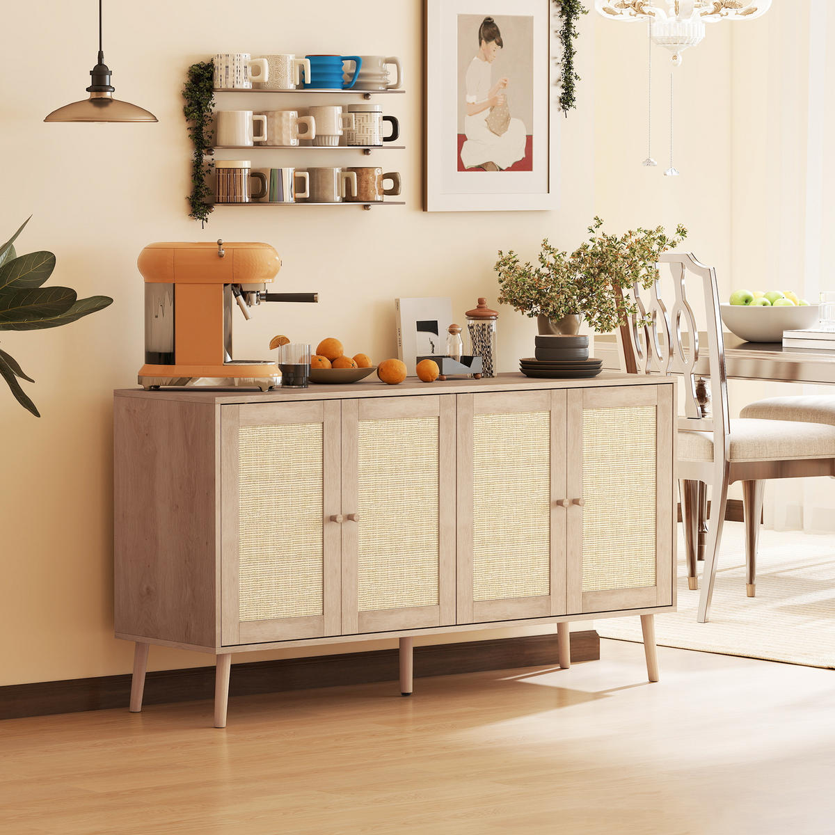 SIDEBOARD DE-11246 2 Türen mit Rattan & verstellbaren Böden Naturholz - Naturfarben, Holzwerkstoff (140/75/40cm) - ComfortXL
