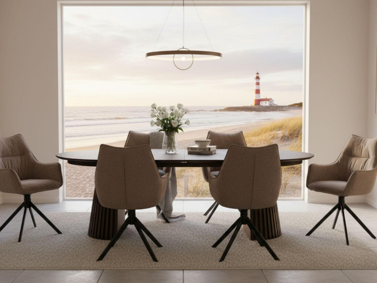 MÖBELSET Diningtisch Andria oval, 6er Set Diningsessel Ginosa hellgrau - Dunkelgrau/Hellgrau, Holz/Textil (210/75/120cm) - bene living