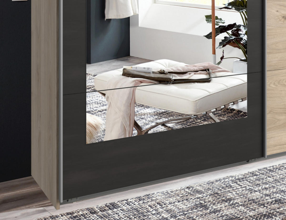 SCHWEBETÜRENSCHRANK 2-türig B225/H208/T65 cm in Eichen-Dekor mit Absetzungen in grauer Stahl-Optik / 22002 - Eichefarben/Alufarben, Holzwerkstoff/Metall (225/208/65cm) - luma-home