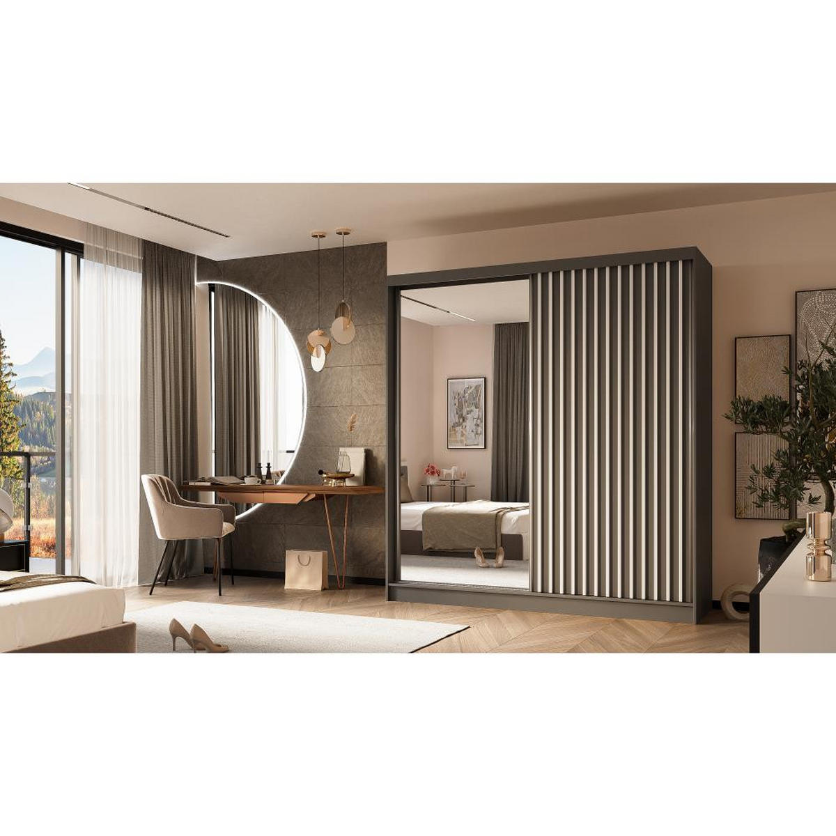 SCHWEBETÜRENSCHRANK Helix 200/216/61 grau+weiß - Weiß/Grau, Holzwerkstoff (200/216/61cm) - Beautysofa