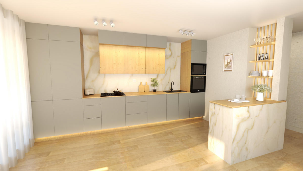 KÜCHENZEILE 460 cm - Nexa KÜ-LN-003 - in Beige & Woodline / Matt - Beige/Schwarz, Holz/Metall (460/212/58cm) - ROYAL24_MARKT