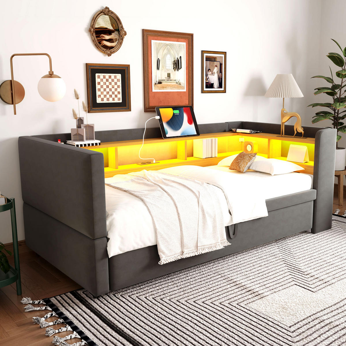 POLSTERBETT 90/190 cm und 180/190 cm Dunkelgrau mit LED-Beleuchtung und Steckdose - Dunkelgrau, Textil (90/190cm) - OKWISH