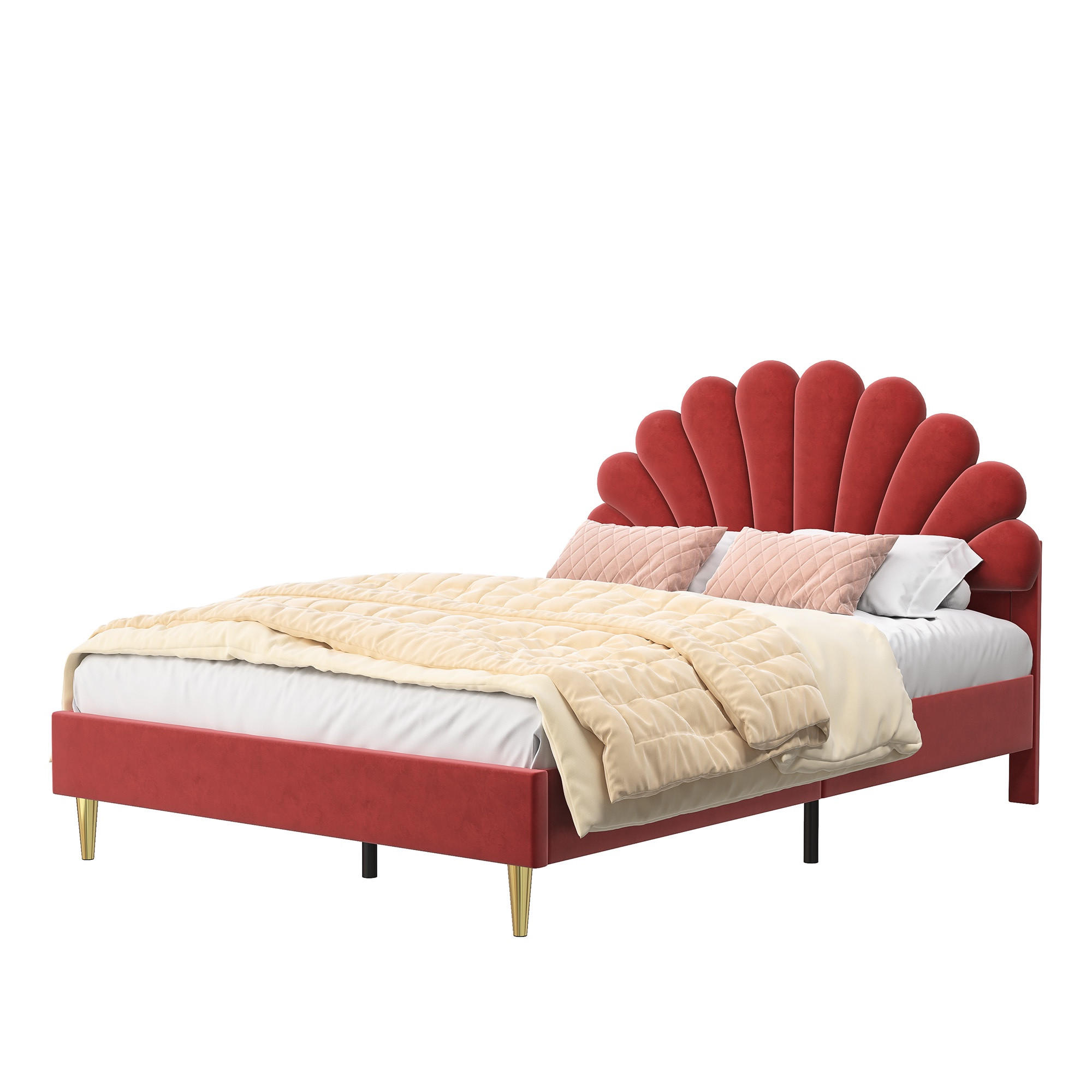 POLSTERBETT 140/200 cm, mit blumenförmigem Kopfteil, Lattenrost, GepolstertesBett aus Samt, Red - Rot, Holzwerkstoff (140/200cm) - Brevoria
