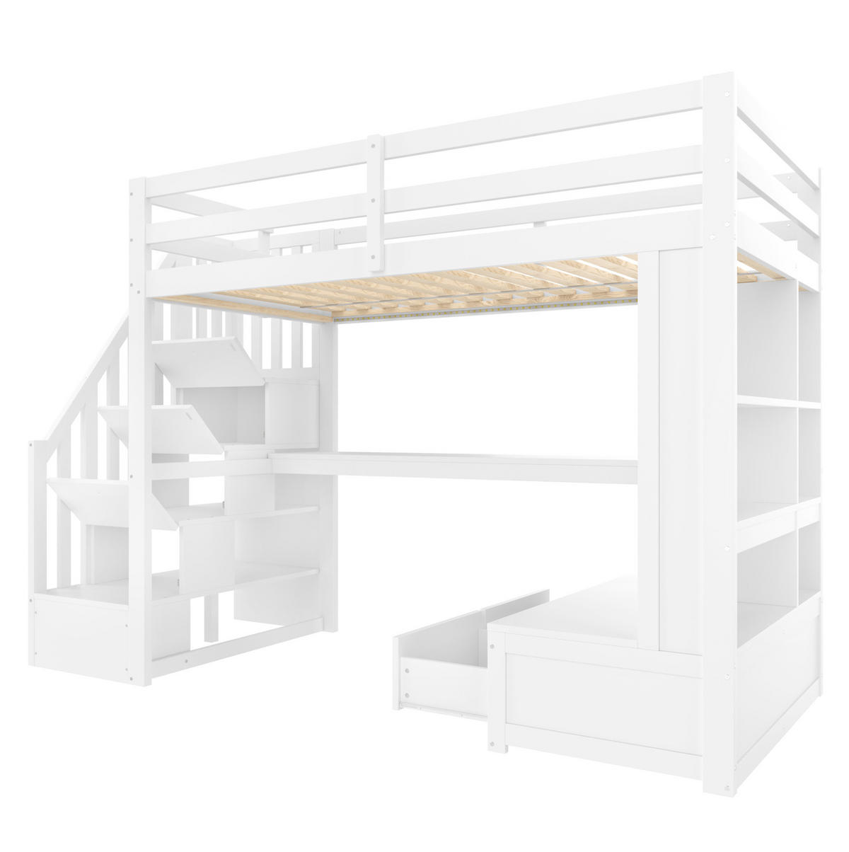 HOCHBETT mit Schreibtisch 90/200 cm in Weiß – mit Regalen, Schubladen und Treppe - Weiß, Holzwerkstoff (90/200cm) - BEAOK