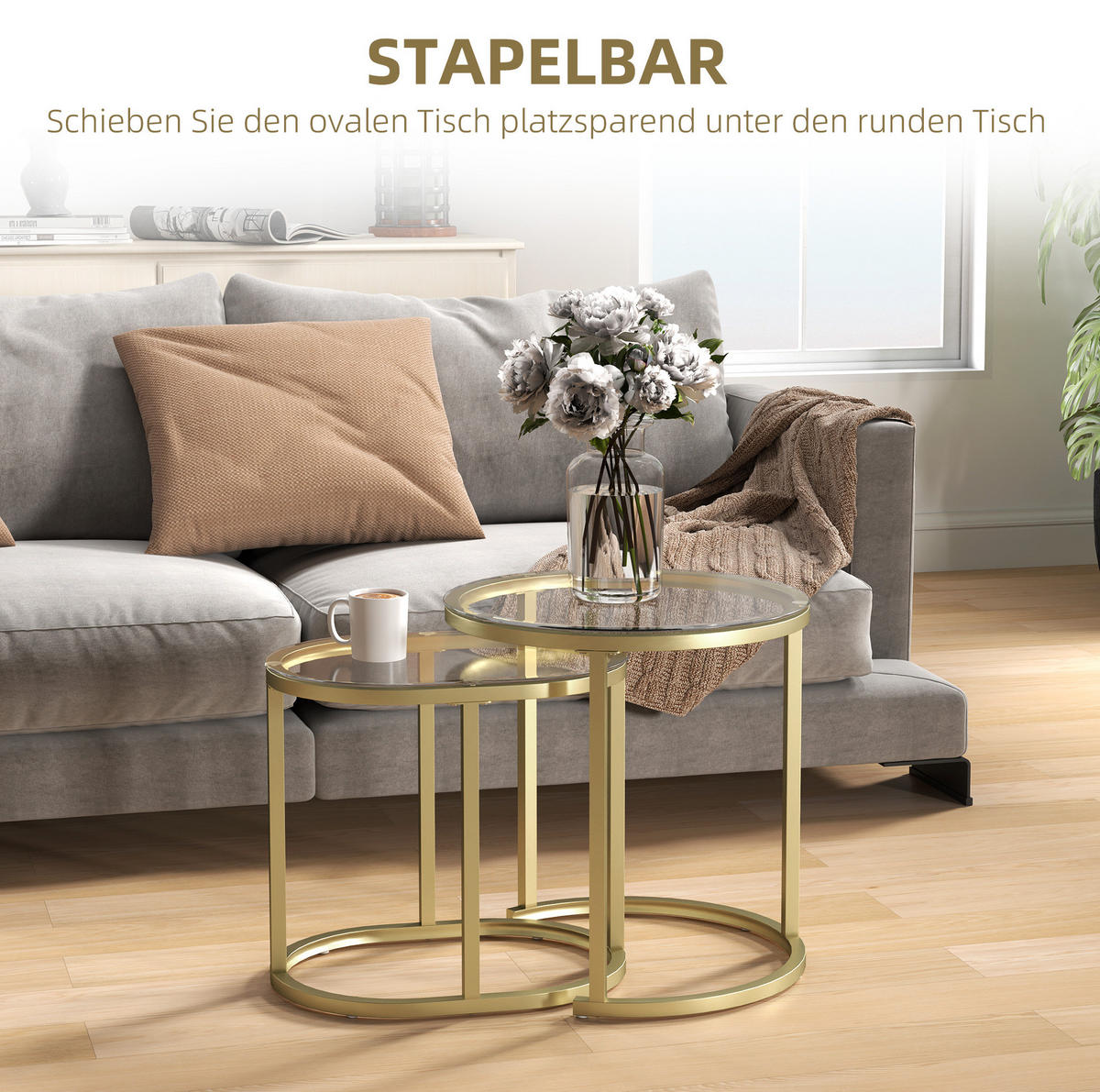 COUCHTISCH-SET 50/50/50,5 cm und 60/36/43,5 cm stapelbar mit Hartglasplatte und Stahlrahmen, Gold - Goldfarben, Metall (50/50/50.5cm) - Redom