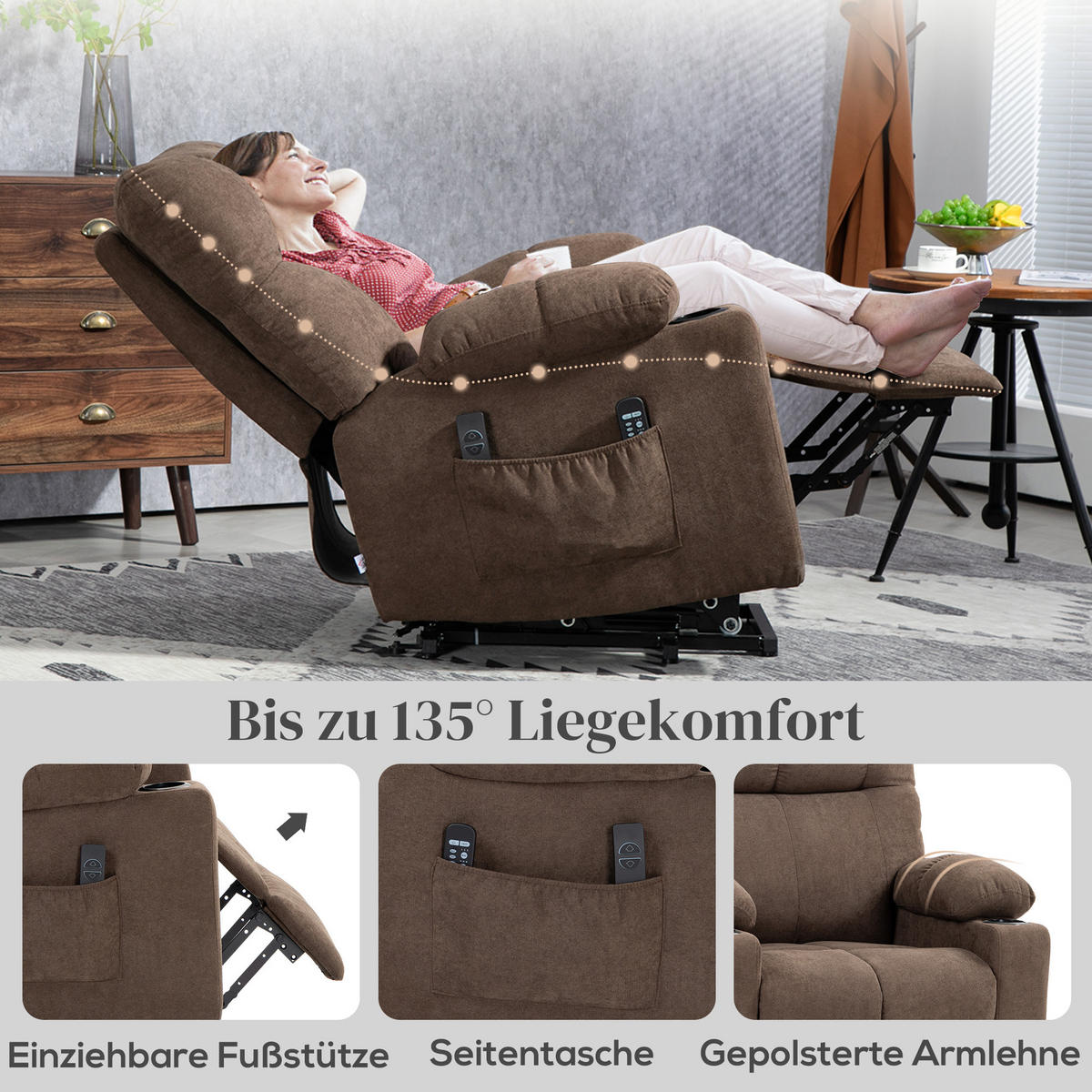 FERNSEHSESSEL mit Aufstehhilfe, Braun - Braun, Kunststoff (95/109/91cm) - HOMCOM