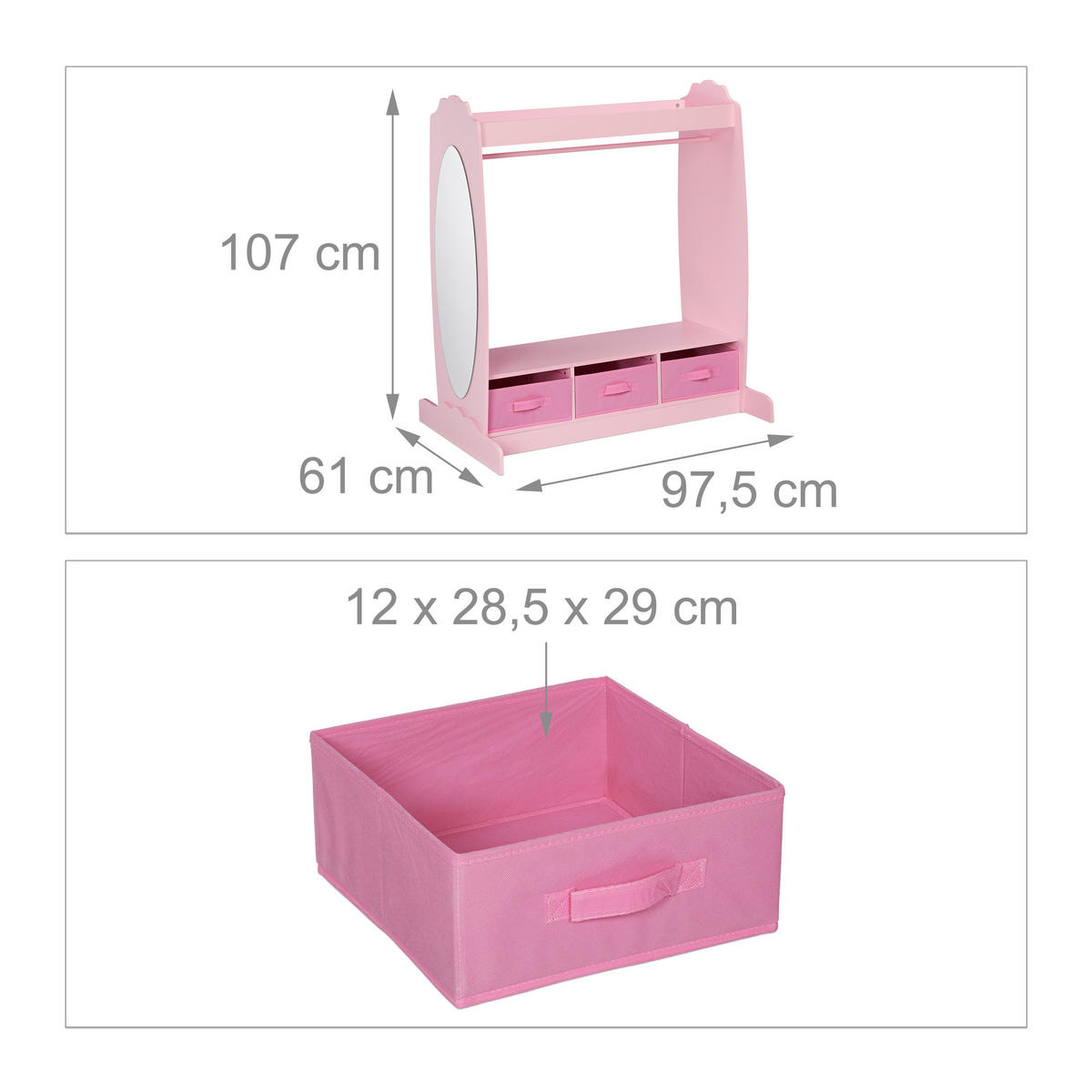 VEŠIAK Ružový detský so zrkadlom 3 textilné boxy 107 cm - ružová, kompozitné drevo/textil (97.5/107/61cm) - Relaxdays