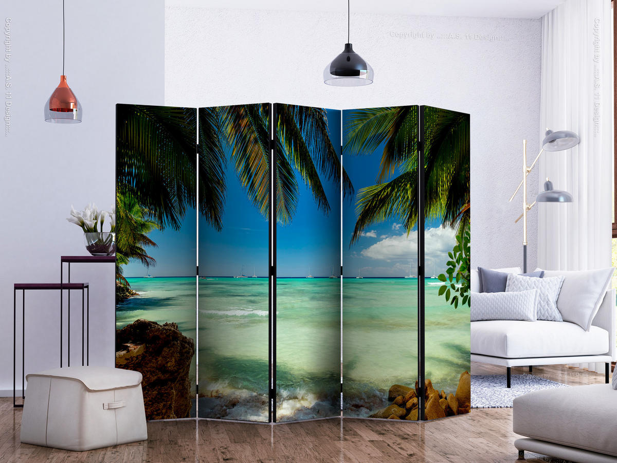 PARAVÁN Jednostranný 5-dielny 225x172 cm Palmy Pláž a More 3D - modrá, drevo/textil (225/172/3cm) - Muralo