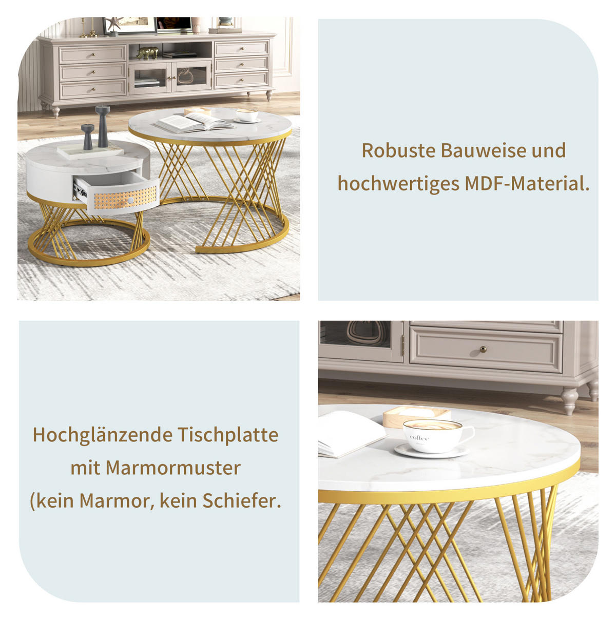 COUCHTISCH-SET 70/70/48 cm mit Schublade, Marmormuster und MDF, Weiß/Gold - Weiß, Holzwerkstoff (70/70/48cm) - Redom