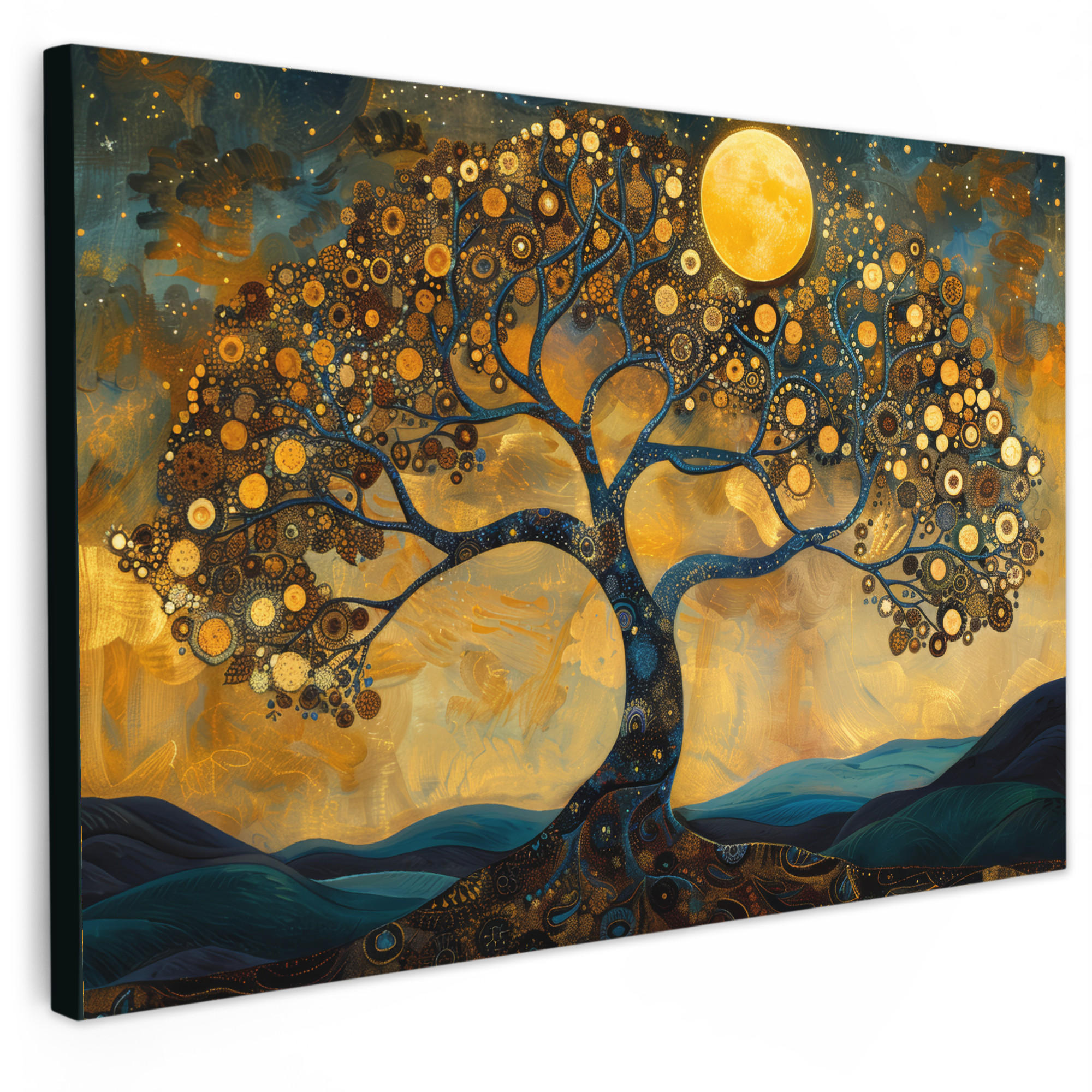 LEINWANDBILD Baum - Mond - Blumen - Gold - Kunst Gemälde 60x40 cm - Orange, Textil (60/40cm) - MuchoWow