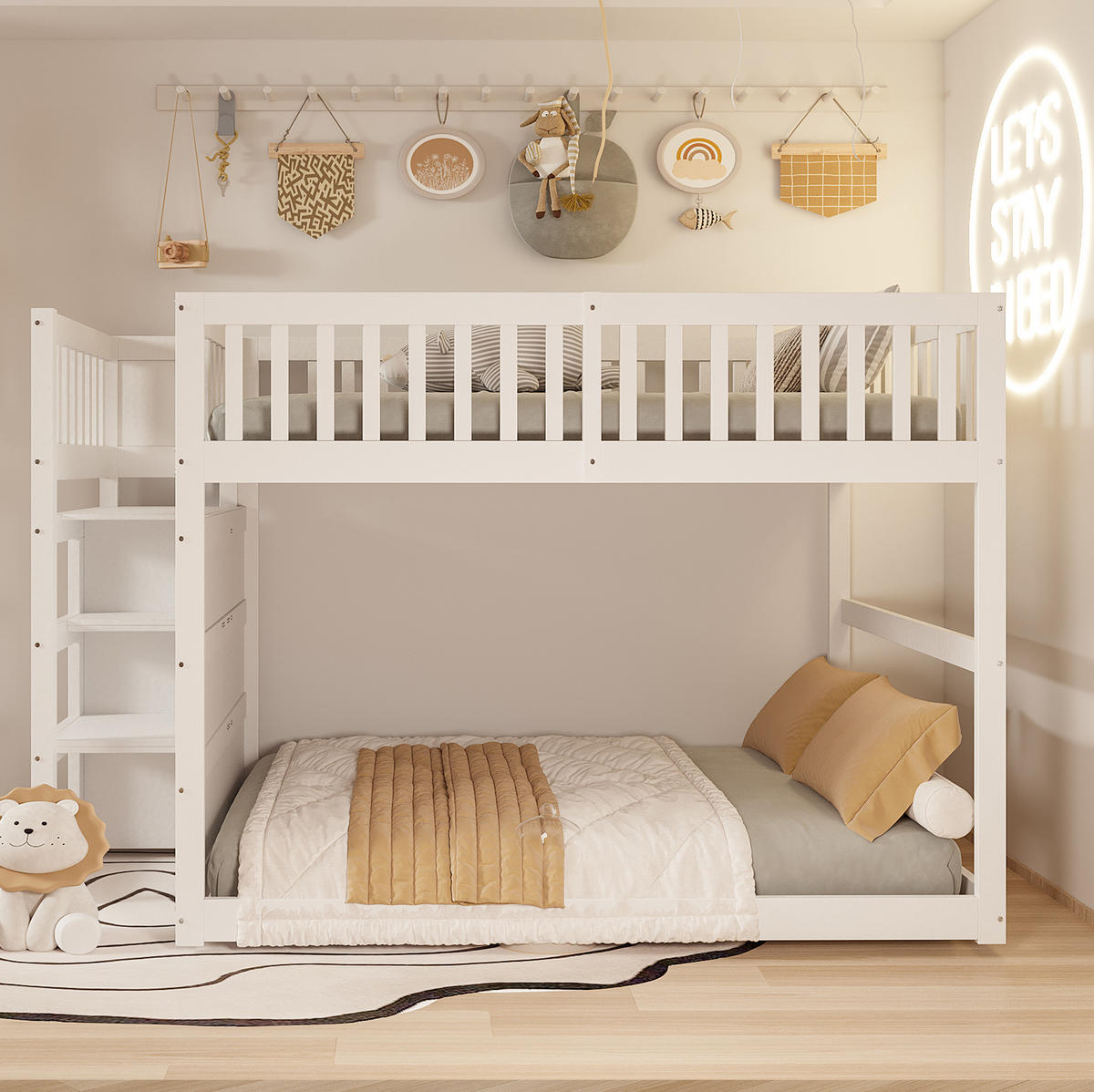 ETAGENBETT Niedriges 140/200 cm weiß mit Staufach und hohem Zaun-Design - Weiß, Holz (140/200cm) - OKWISH