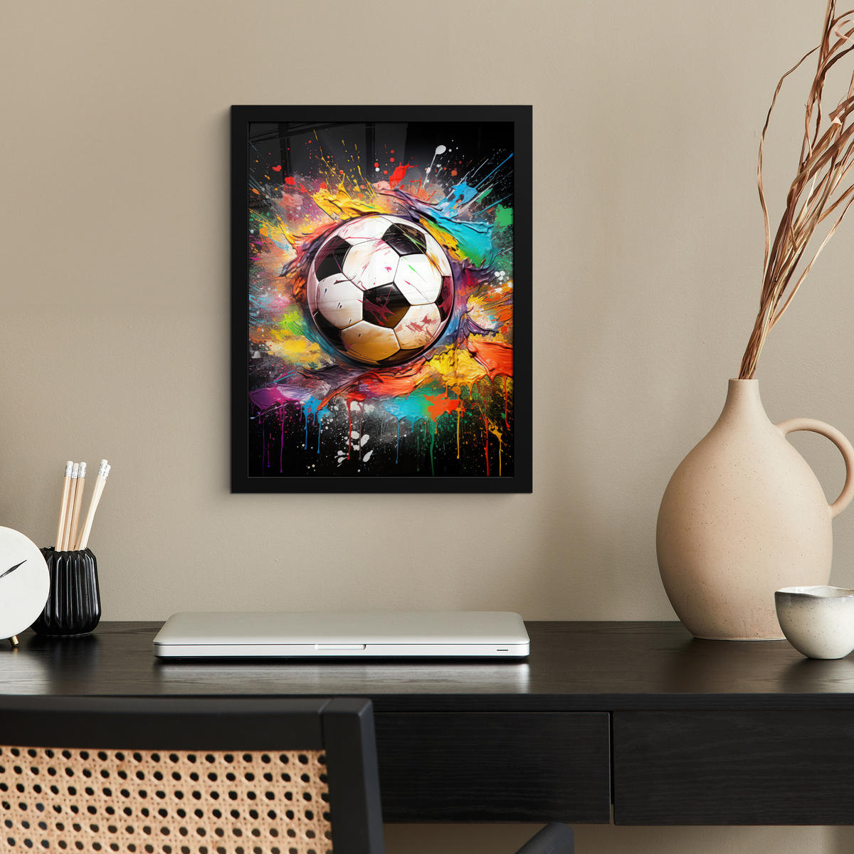 GERAHMTES BILD Fußball - Farbe - Farben - Schwarz - Weiß 30x40 cm - Weiß, Papier (30/40cm) - MuchoWow