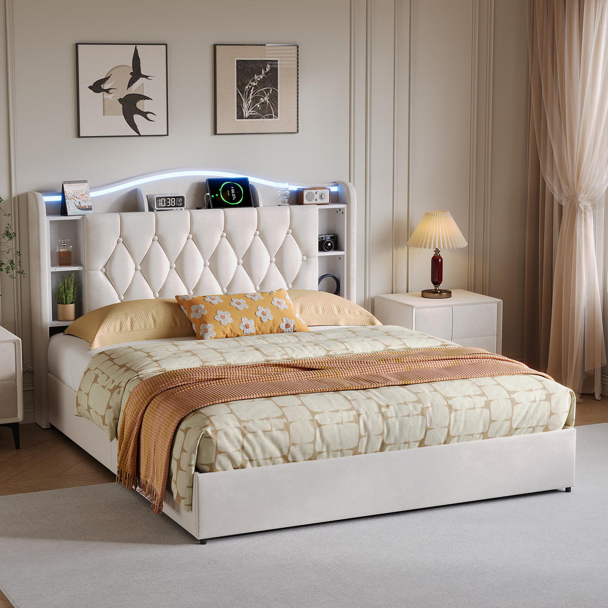 POLSTERBETT 140/190 cm beige mit Stauraum, LED und USB - Beige, Holz