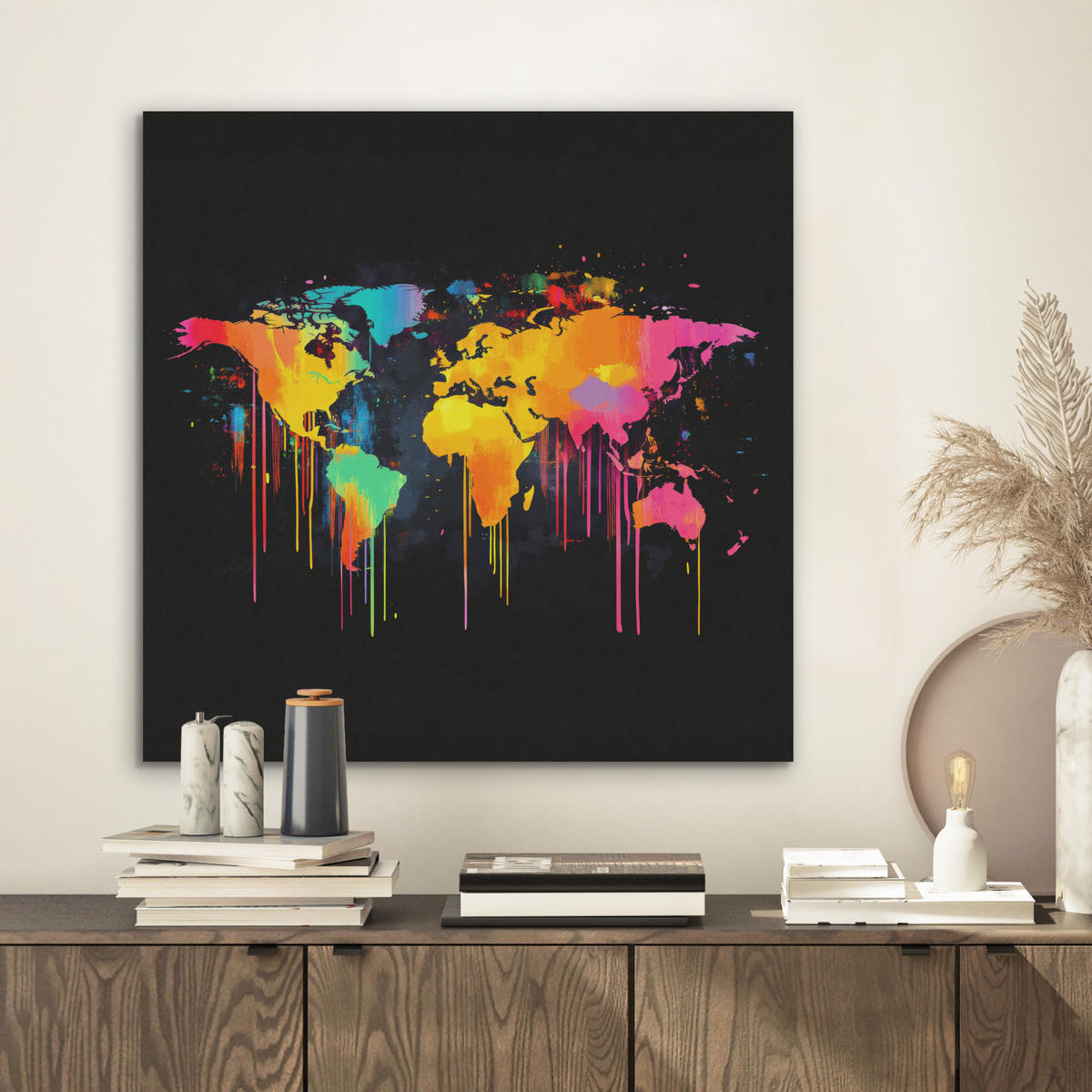 AKUSTIKBILD Weltkarte - Farbe - Bunt - Graffiti - Welt Wandbilder 60x60 cm - Multicolor, Kunststoff (60/60/0.9cm) - MuchoWow