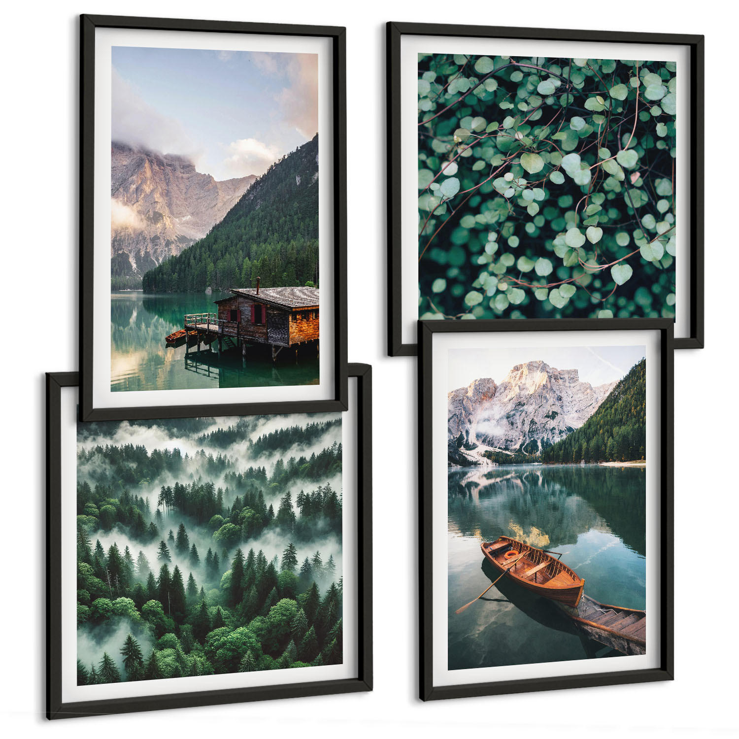 BILDER SET 4er Set - 50x50 cm & 40x60 cm Schwarzer Rahmen - Nebel auf dem Bergsee, Bootsfahrten, Nebel - Schwarz, Kunststoff (50/50cm) - TULUP