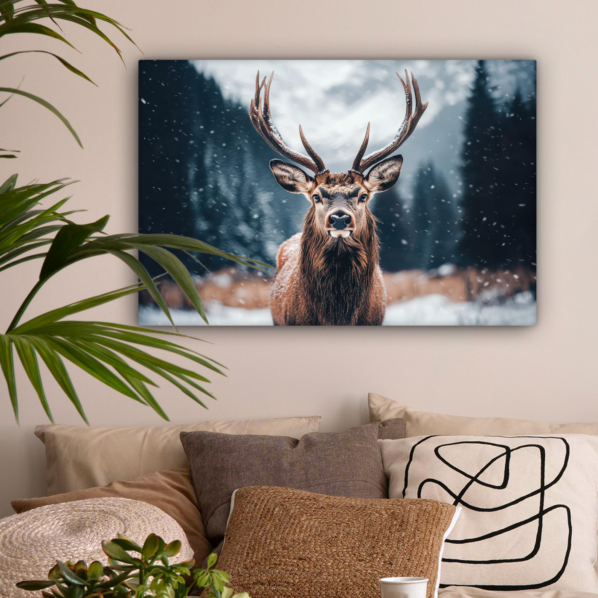 LEINWANDBILD Hirsche - Tiere - Landschaft - Winter - Schnee Gemälde 60x40 cm - Kastanienfarben, Textil (60/40cm) - MuchoWow