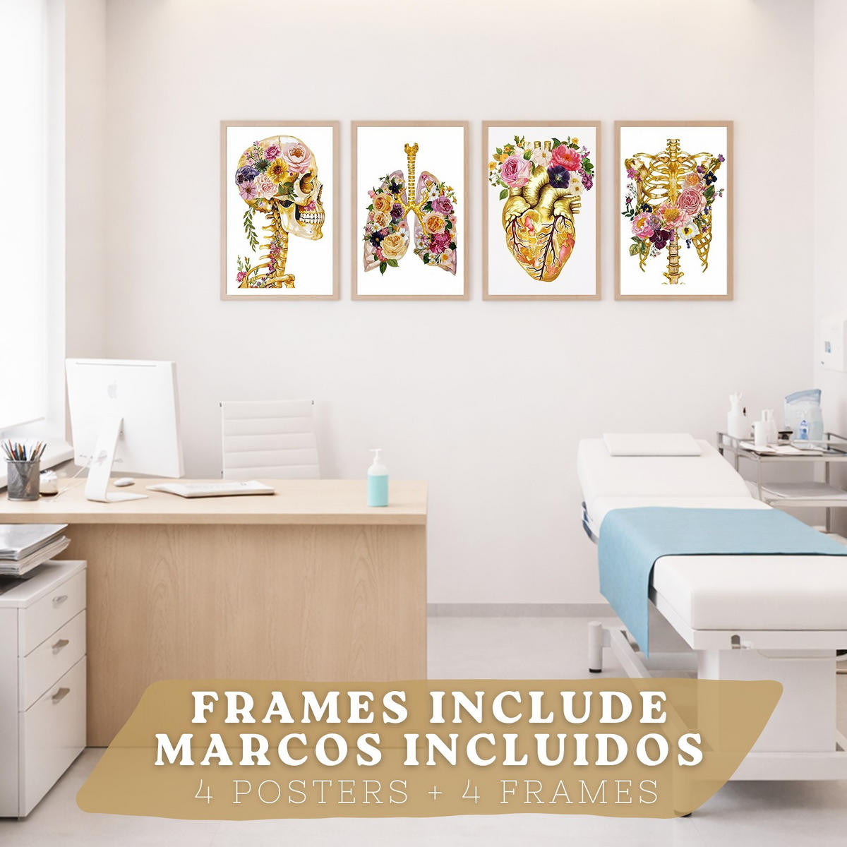 POSTER Set aus 4 Anatomie Mensch Drucke und Wandbilder mit Schädel Skelett Herz und Goldene Lungen Wanddekoration Größe Leichter Holzrahmen A3 - Beige, Papier (29.7/42/3cm) - Nacnic