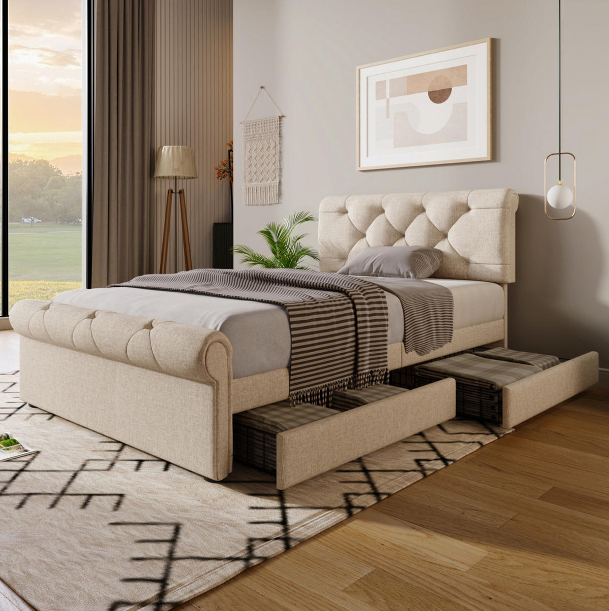 POLSTERBETT 90/200 cm Natur aus Metall und Holz mit 2 Schubladen - Naturfarben, Metall (90/200cm) - OKMYHOME