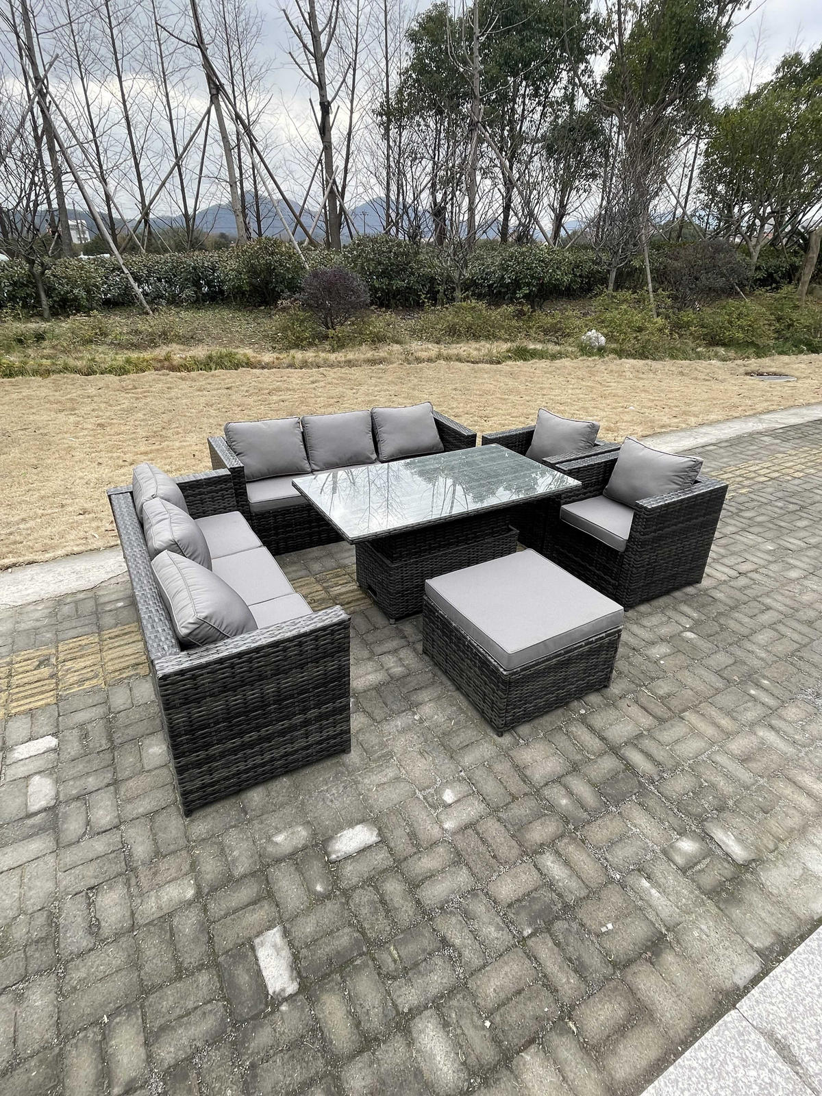 GARTENMÖBEL SET mit Hocker Polyrattan 9-Sitzer - Dunkelgrau/Grau, Glas/Kunststoff - Fimous