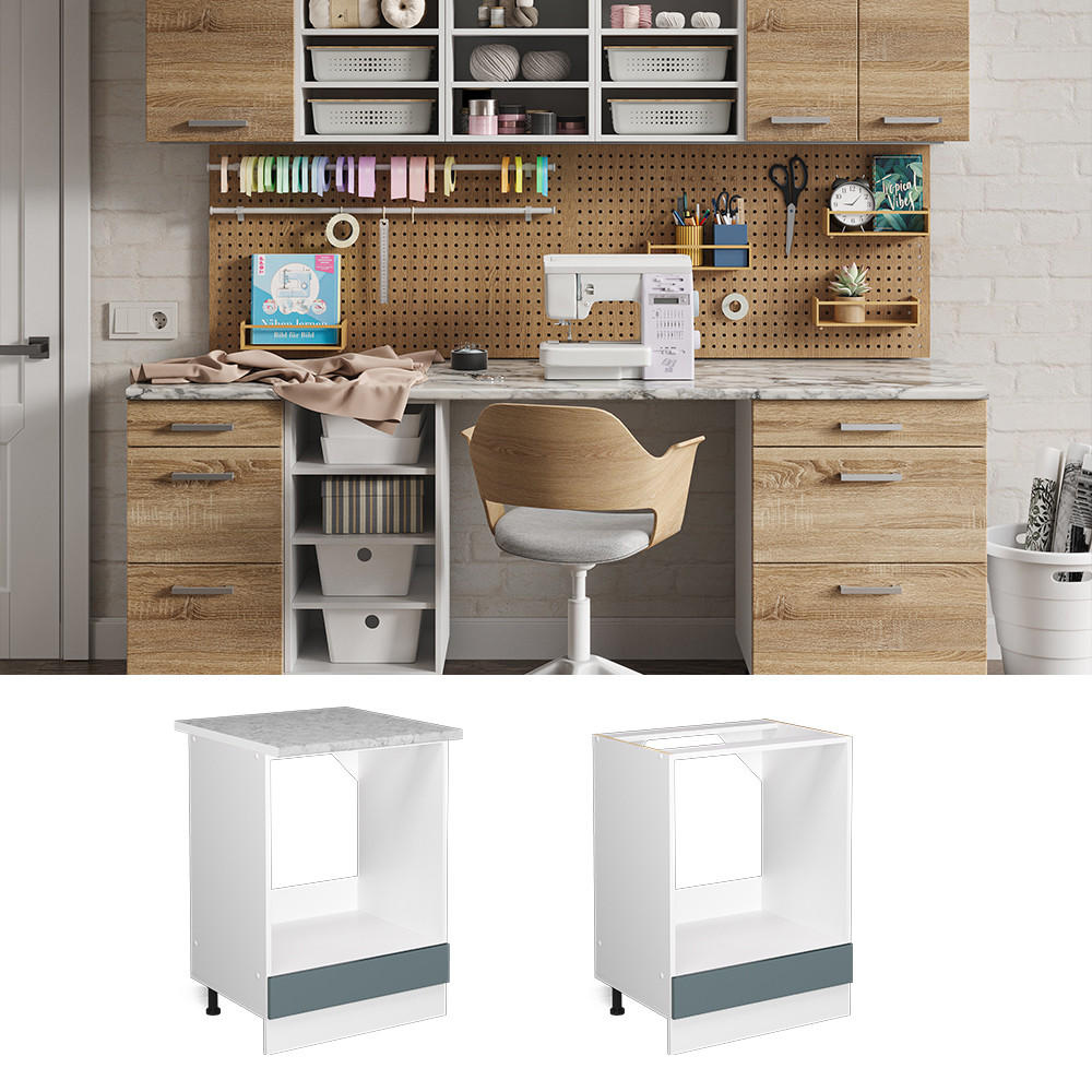 UNTERSCHRANK R-Line Blau-Grau 60 cm mit Großnische, ohne AP - Blaugrau/Weiß, Holzwerkstoff (60/81.6/46cm) - Vicco