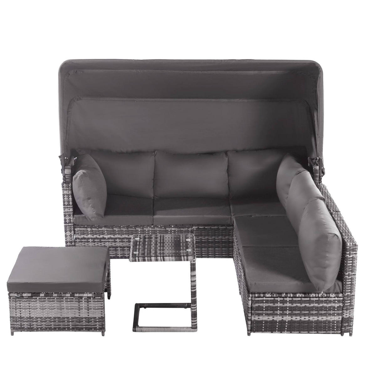 GARTENLOUNGE-SET 194/70/157 cm mit versenkbarem Sonnendach, modularen Elementen und Beistelltisch aus Polyrattan, Grau - Grau, Kunststoff - Redom