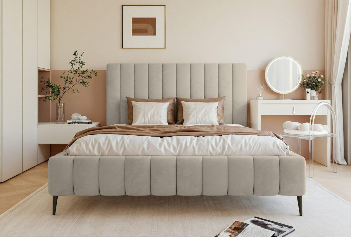 POLSTERBETT Fiarro mit Metallfüßen, Hellbeige, Velours, 140x200 cm - Ecru, Textil/Metall (140/200cm) - Selsey
