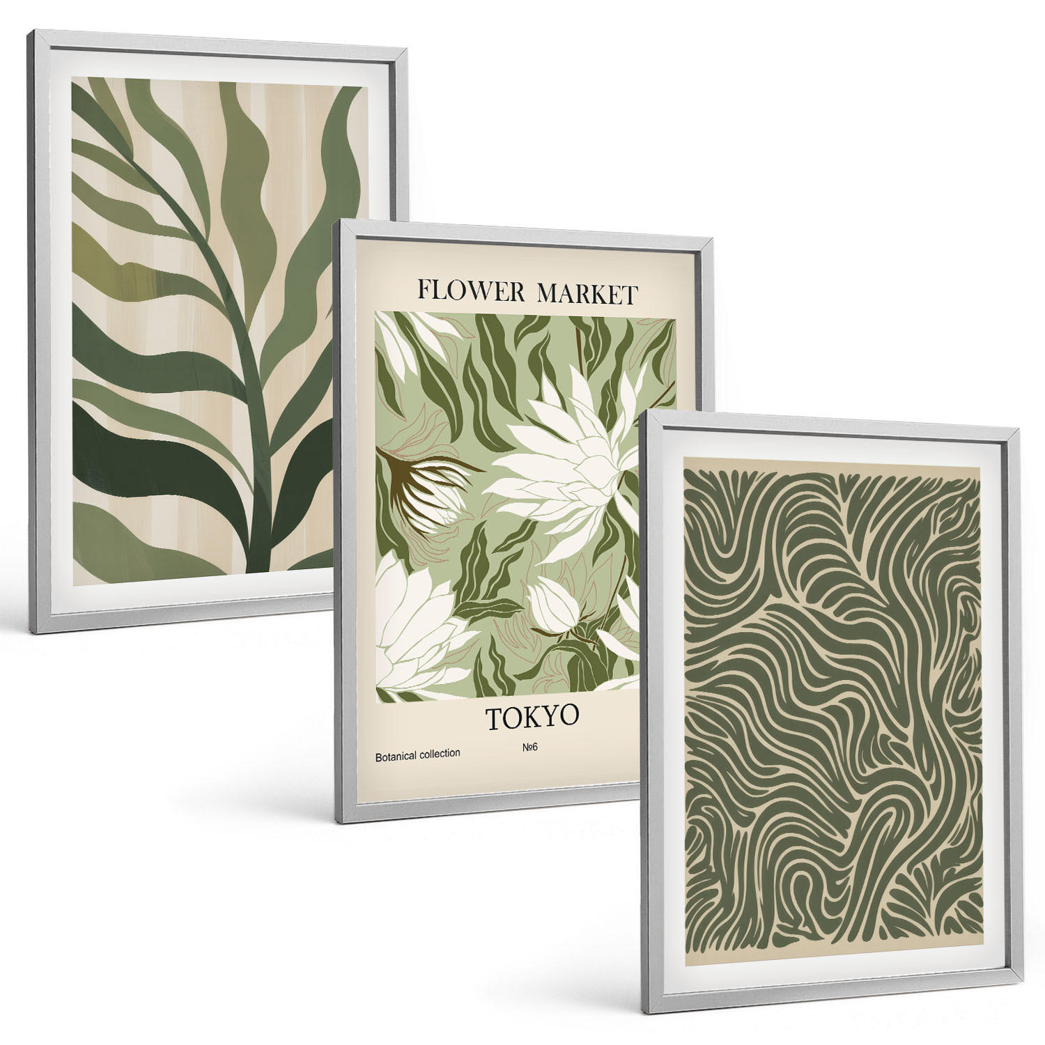BILDER SET 3er Set - 40x60 cm Silberner Rahmen - Pflanzenmuster, Boho-Dekorationen - Silberfarben, Kunststoff (40/60cm) - TULUP